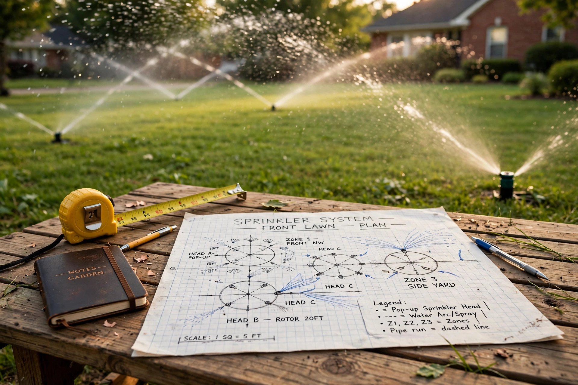 sprinkler system design layout guide: A sprinkler system design layout sketch beside pop-up sprinklers watering a green suburban lawn