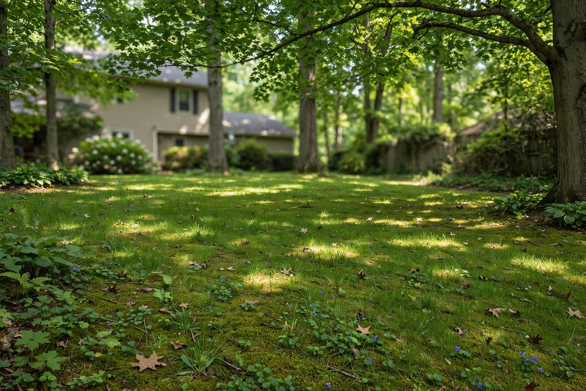 A lush green lawn growing in deep shade under mature trees with a best shade tolerant grass seed mix