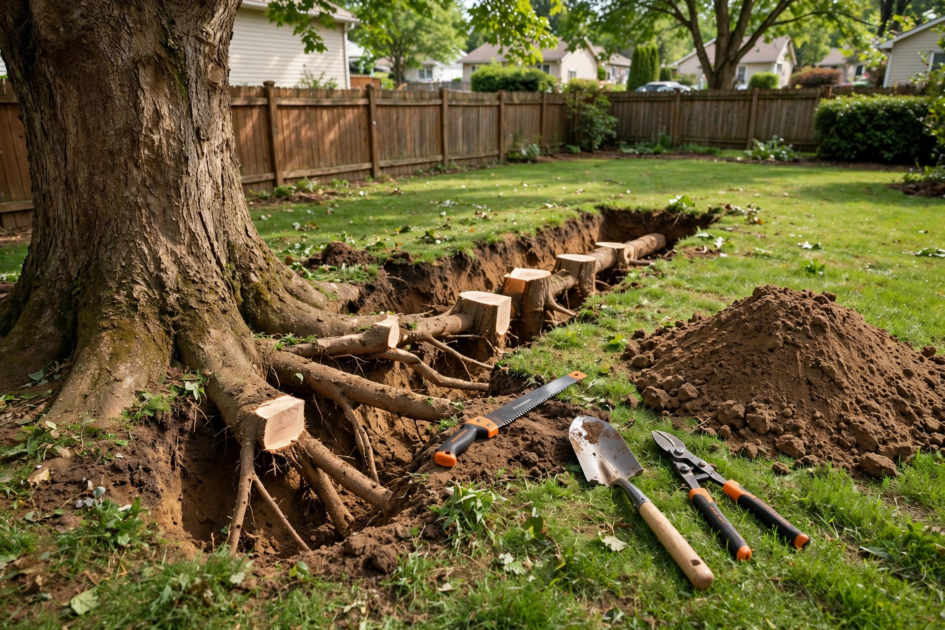 how to remove tree roots from lawn: Exposed tree roots being cut back in a green lawn