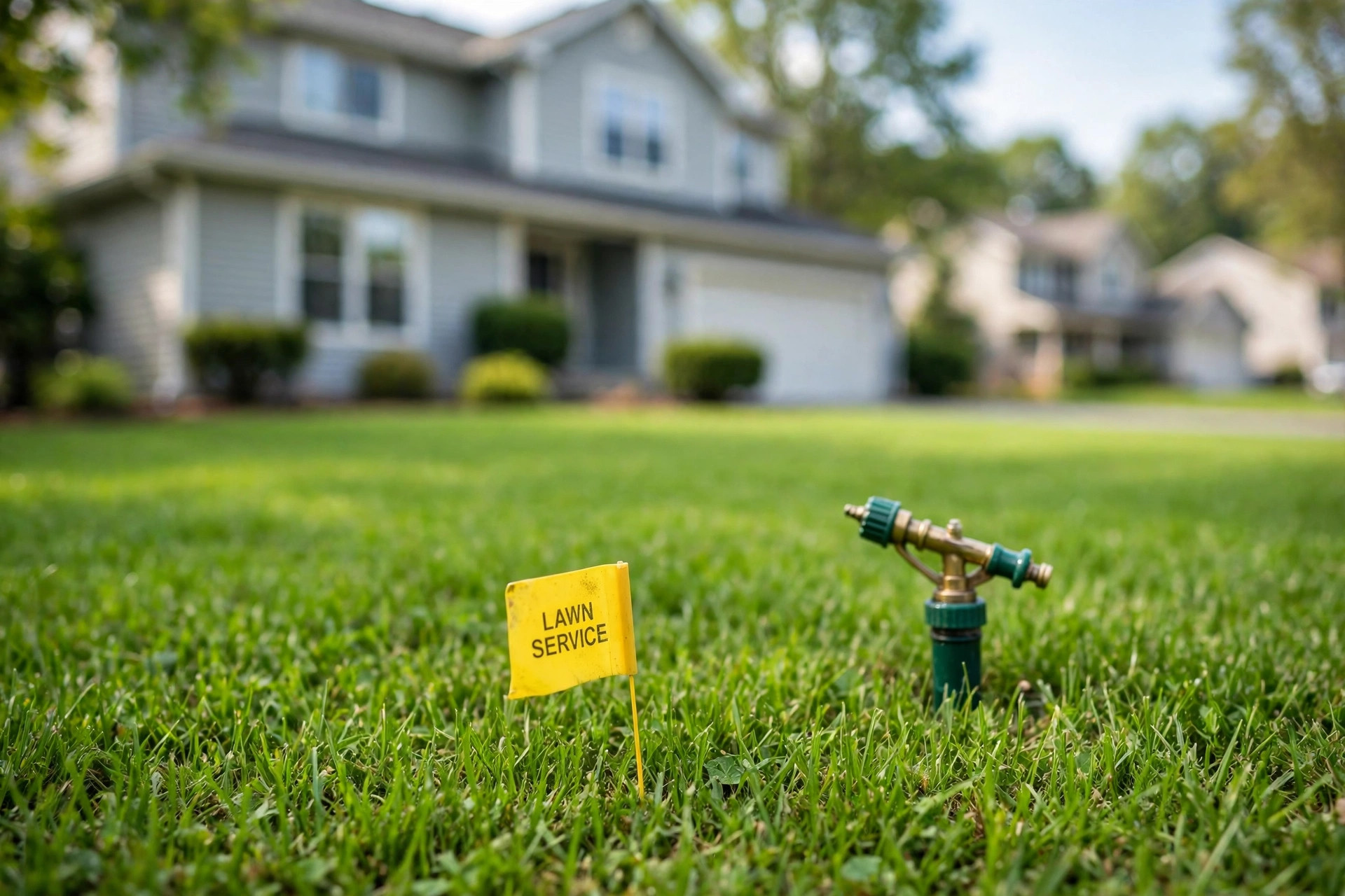 Green lawn with a small pest control marker flag for a lawn pest control service near me visit