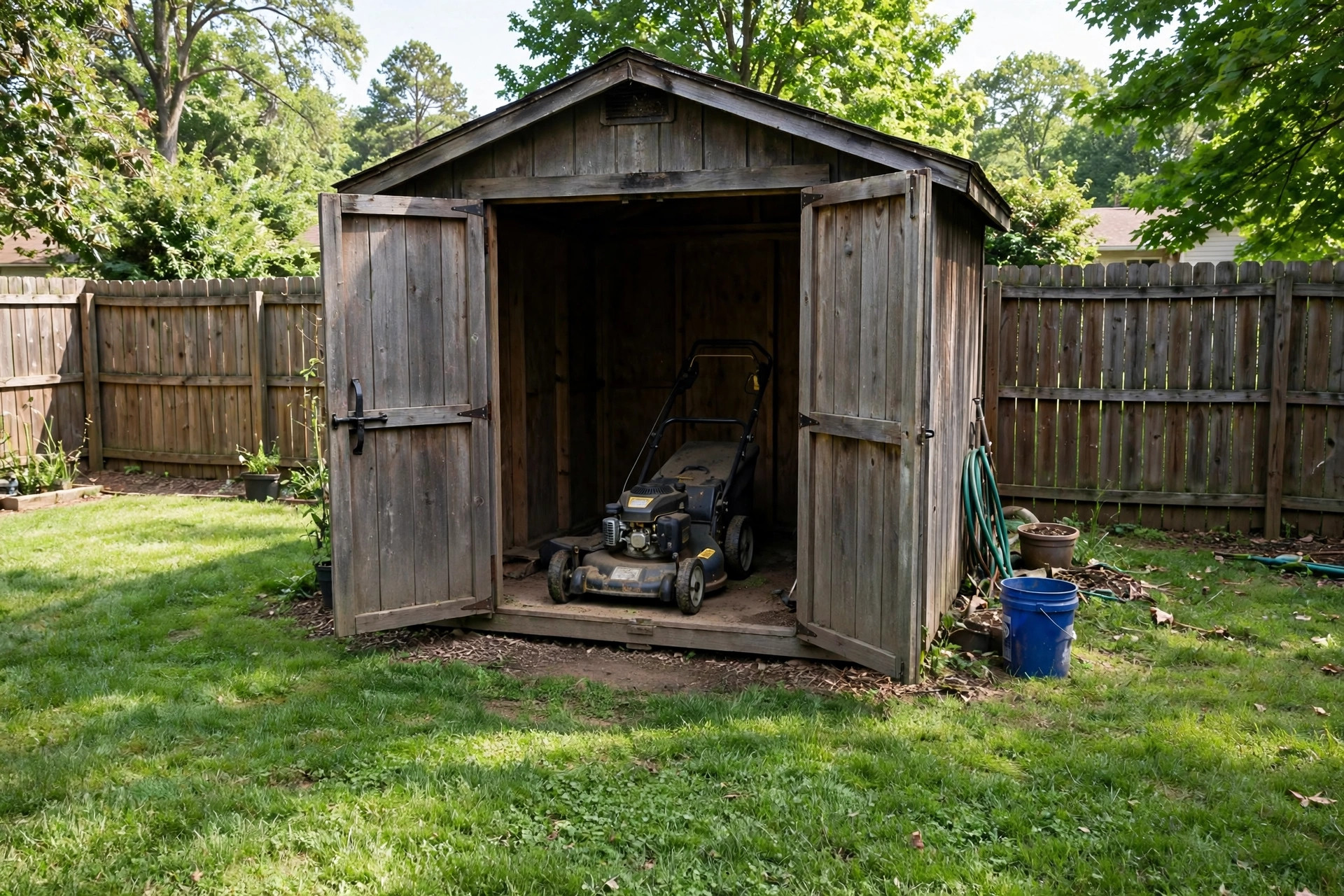 best outdoor storage shed for mowers: Storage shed for a lawn mower in an American backyard