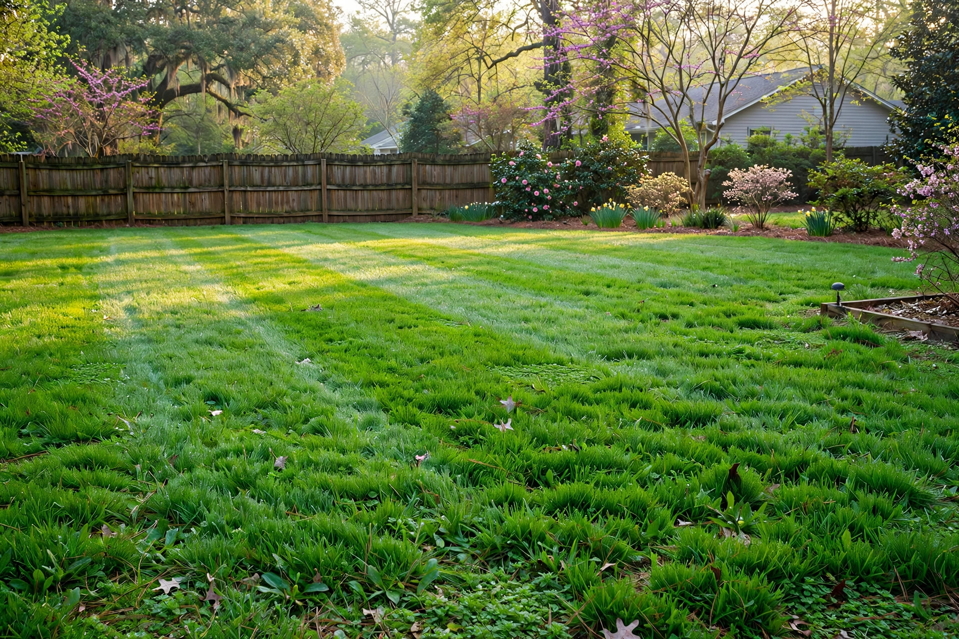 Lawn care calendar for southern states: a thick green southern lawn in early spring