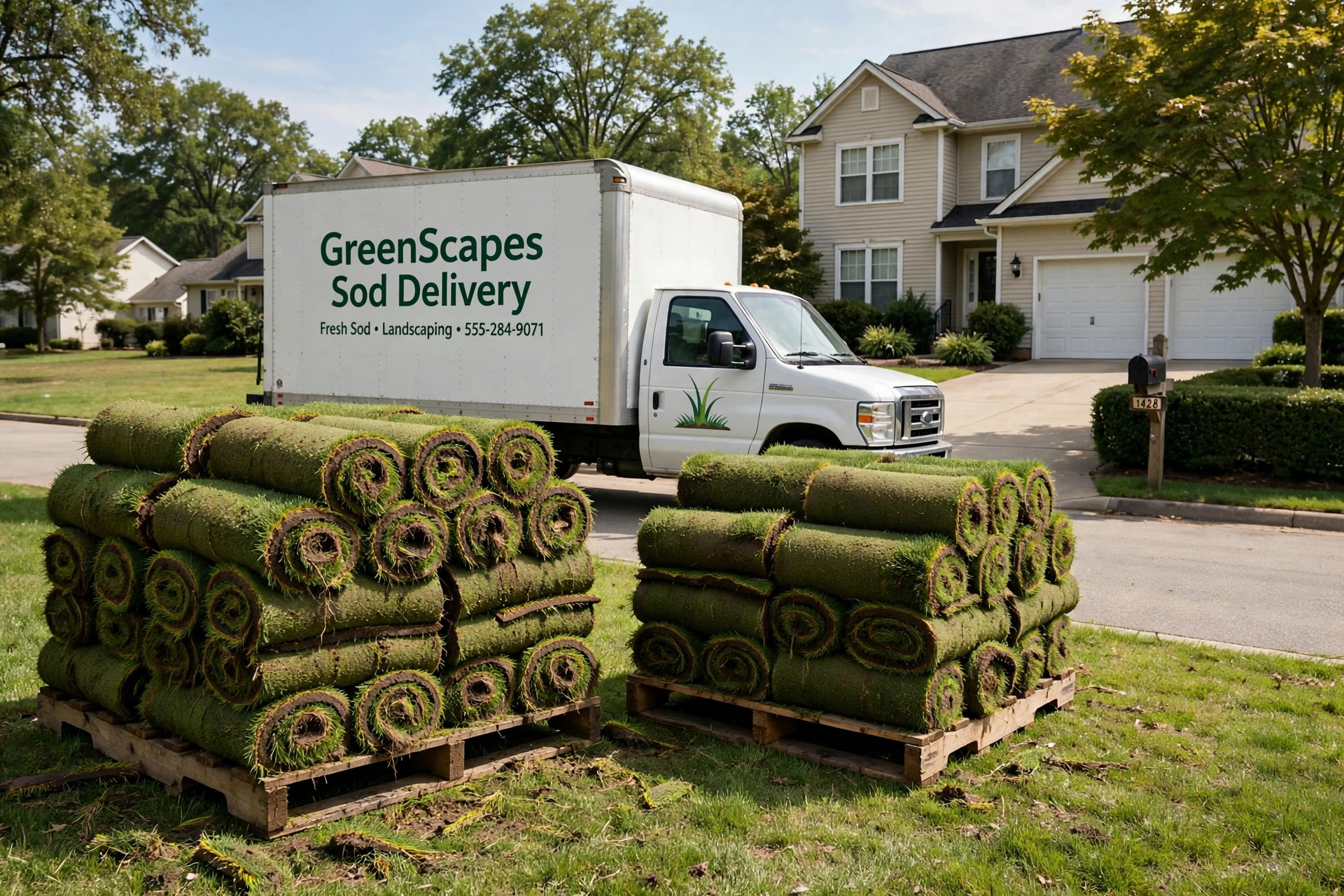 Rolls of fresh sod stacked on a pallet for affordable sod delivery near me prices