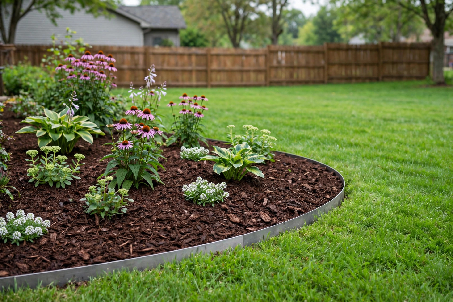 How to stop grass from growing in beds: edged flower bed with fresh mulch