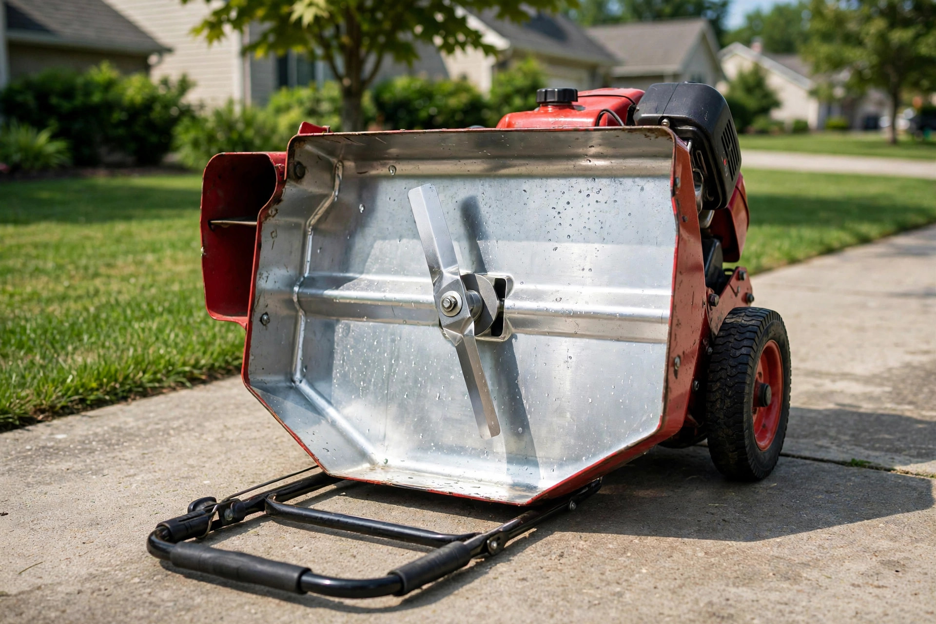 lawn mower deck cleaning tips guide: A clean lawn mower deck underside after cleaning, shown in a bright American backyard