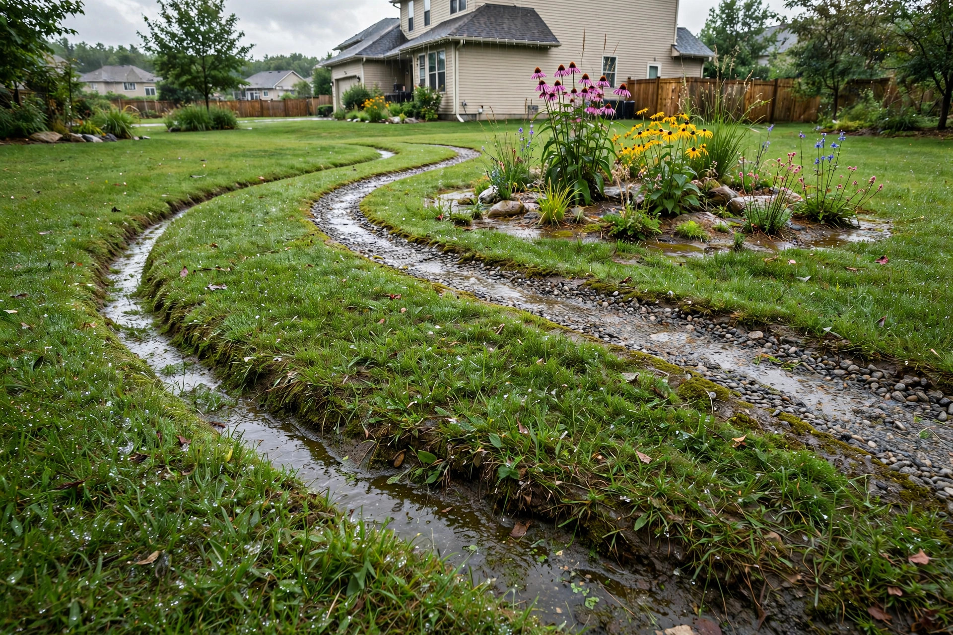 lawn drainage solutions for soggy yards: Drainage swale and rain garden carrying water away from a soggy yard