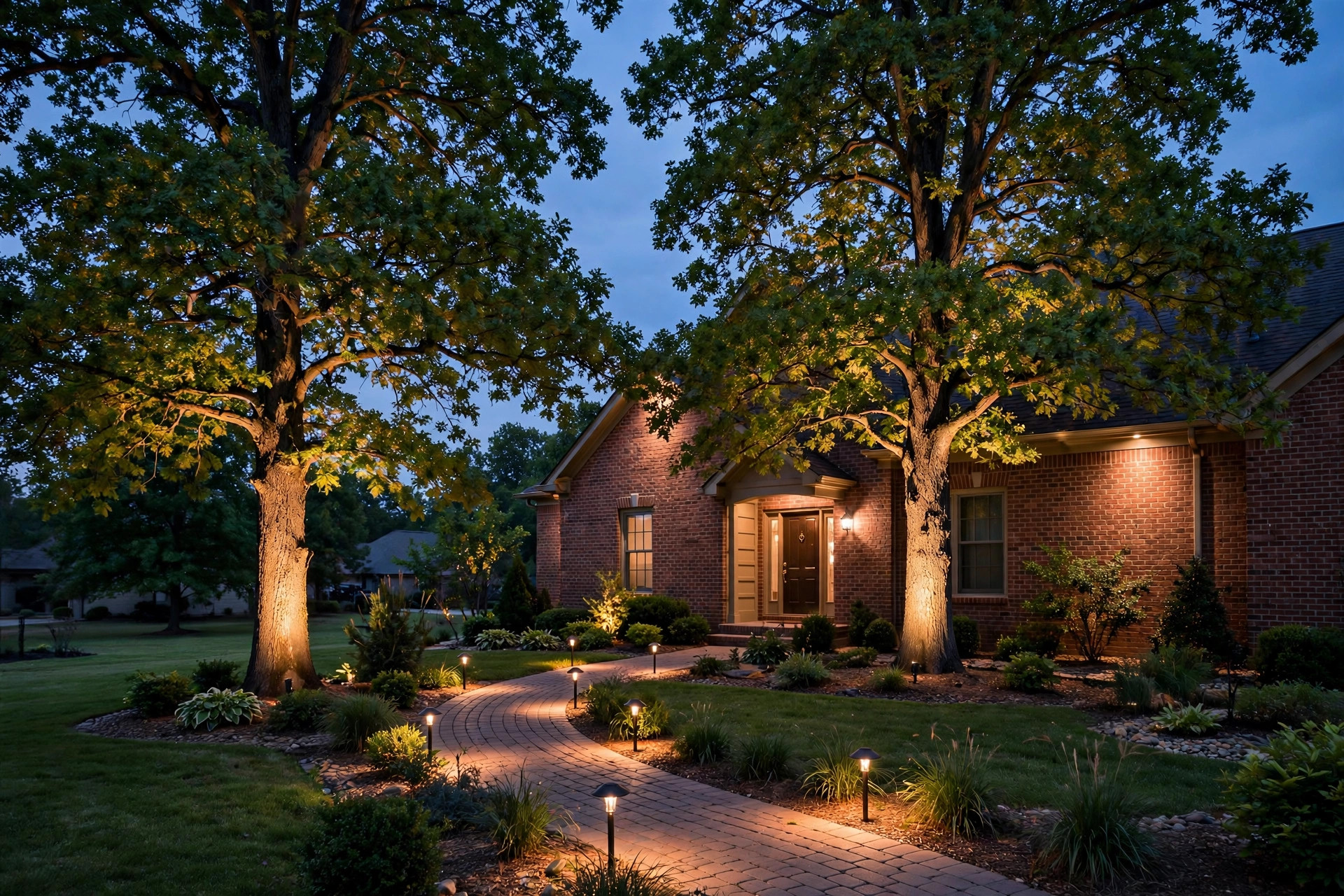 Affordable landscape lighting installation near me shown in a suburban front yard at dusk