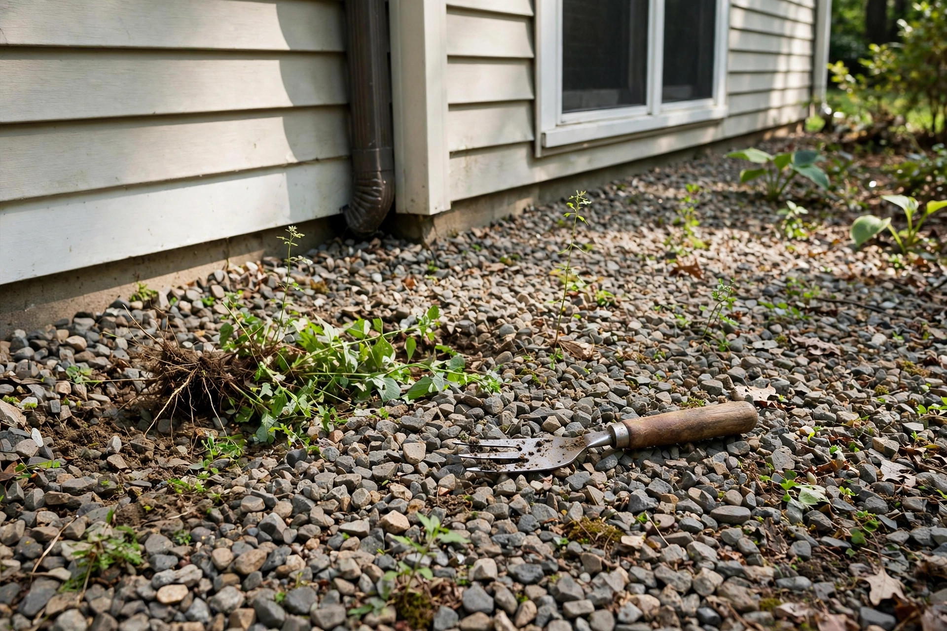 how to kill weeds in rock beds: Close-up of gravel rock bed being cleared of weeds