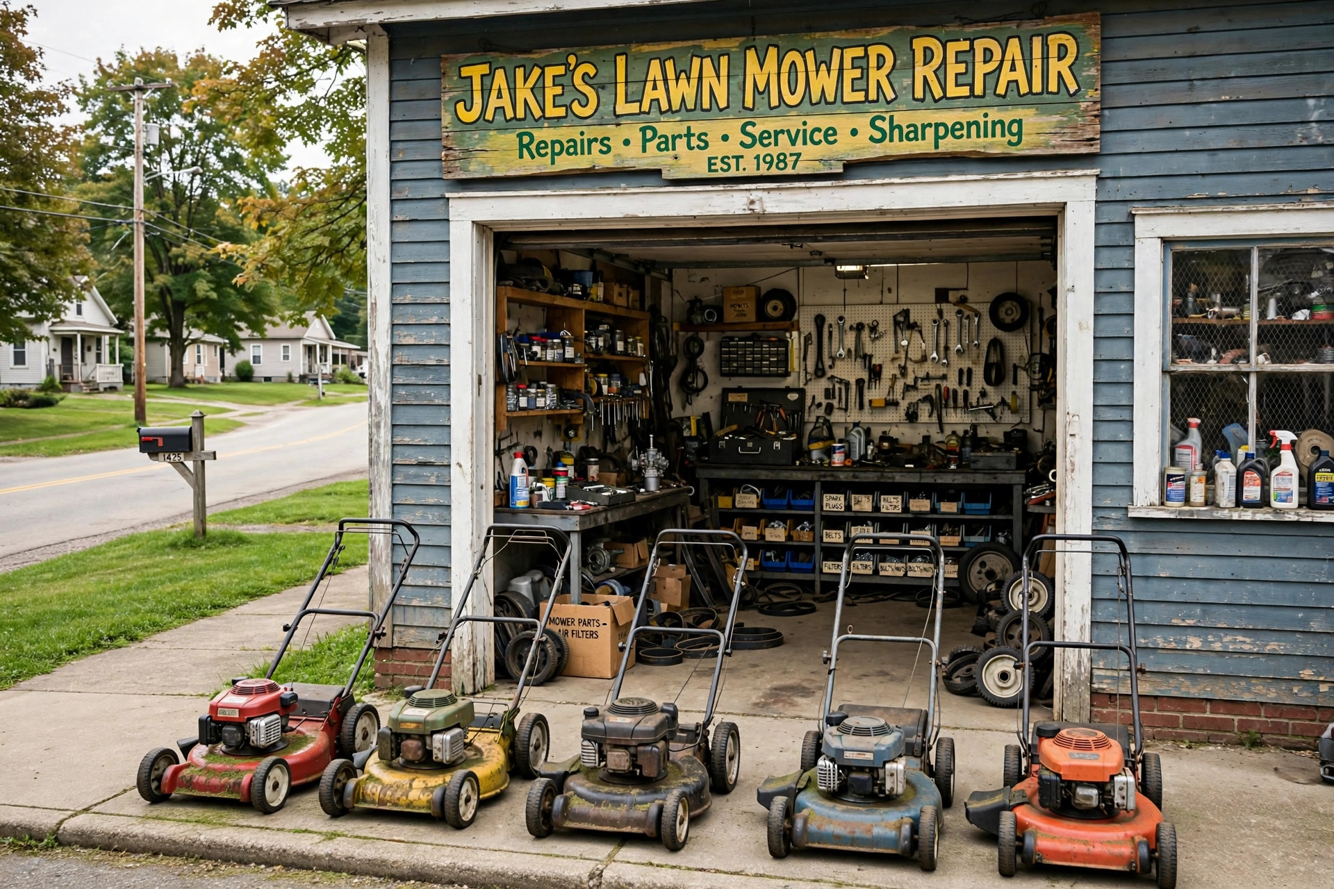 lawn mower repair shops near me: A small lawn mower repair shop in an American town, with push mowers lined up outside the open garage door