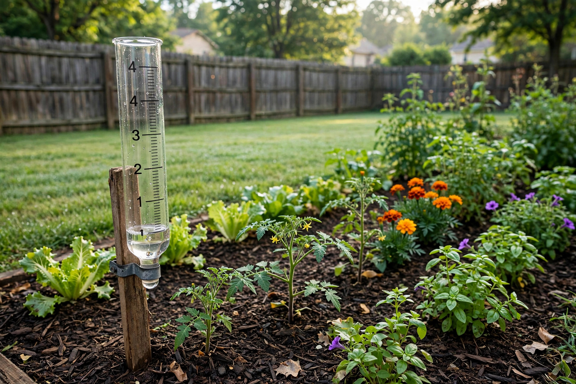 best rain gauge for garden reviews: A glass rain gauge with measurement marks mounted beside a garden bed in a green American backyard