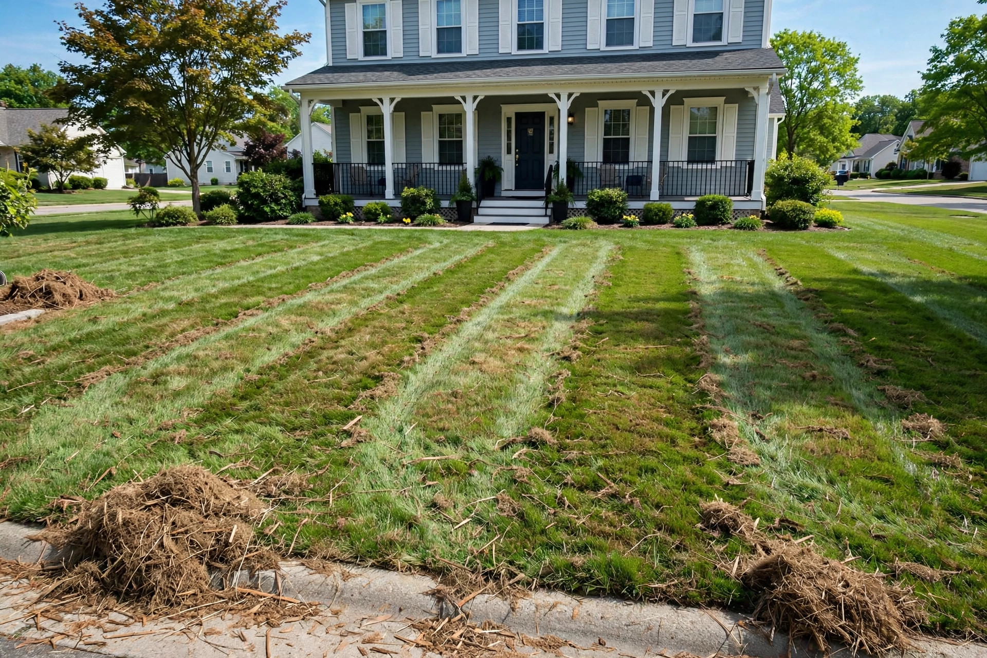 lawn thatch removal service near me: Dethatched lawn with fresh green grass and removed thatch