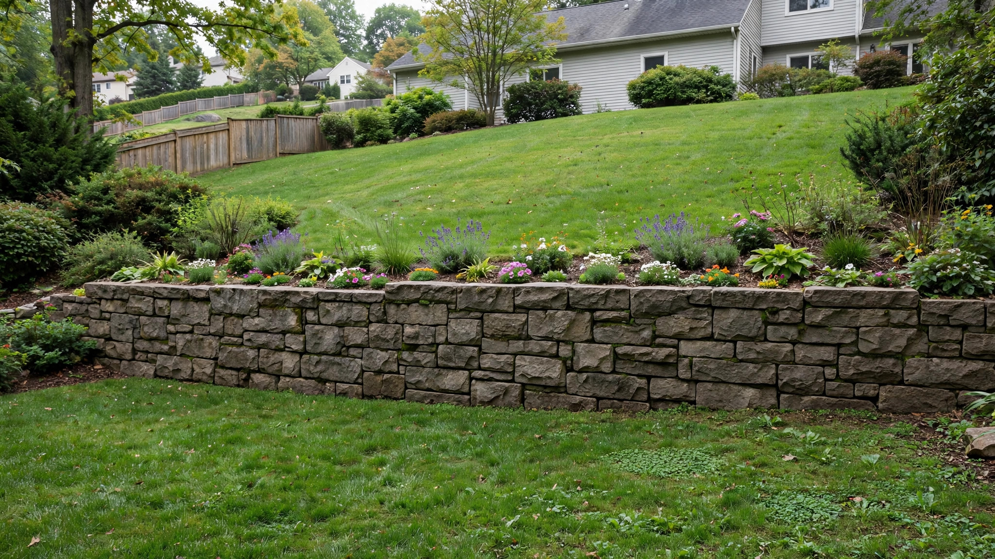A stone retaining wall holding a sloped American backyard — affordable retaining wall builders near me