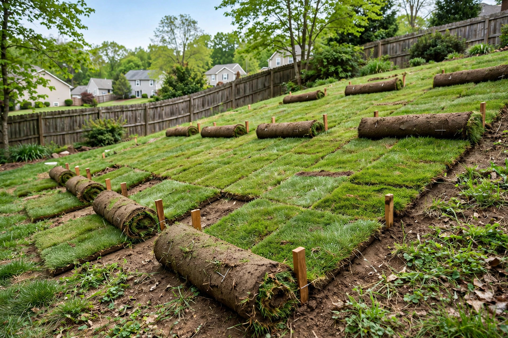 how to plant sod on slope: Fresh sod rolls laid on a sloped lawn with wooden stakes