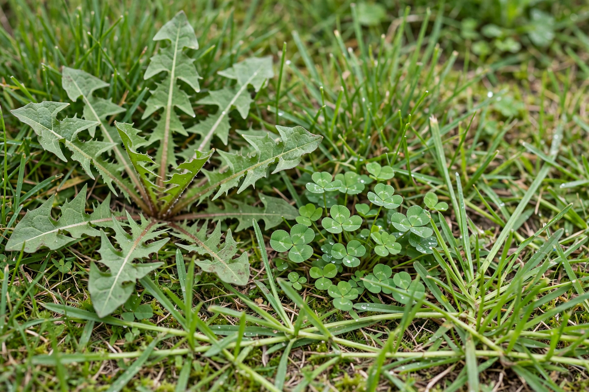 A close-up photo showing common lawn weeds growing among grass blades, for a lawn weed identification chart with pictures