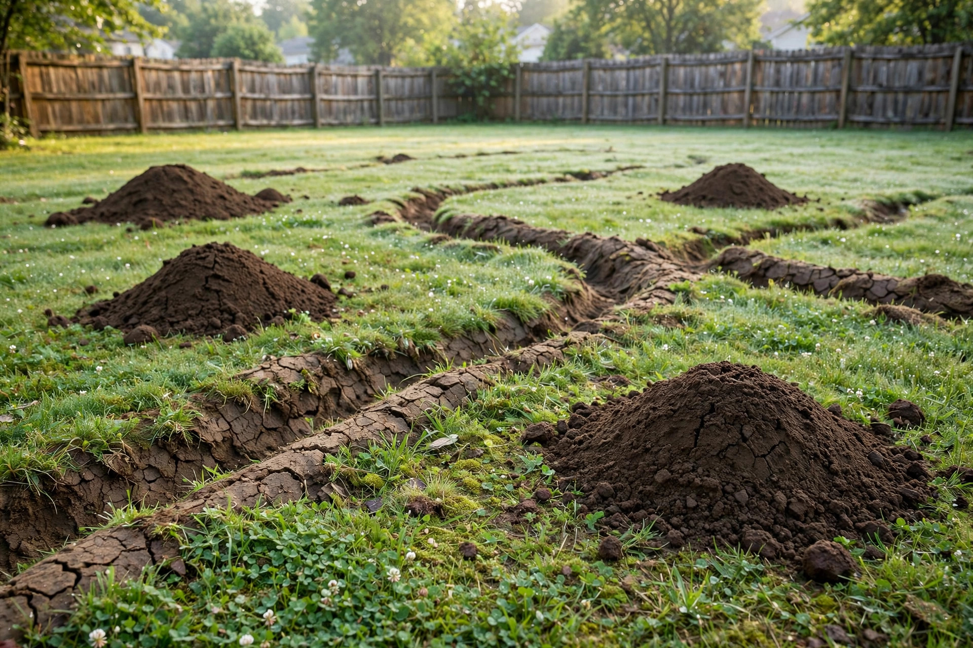 Fresh mole tunnels and mounds across a lawn, related to how to get rid of moles in yard