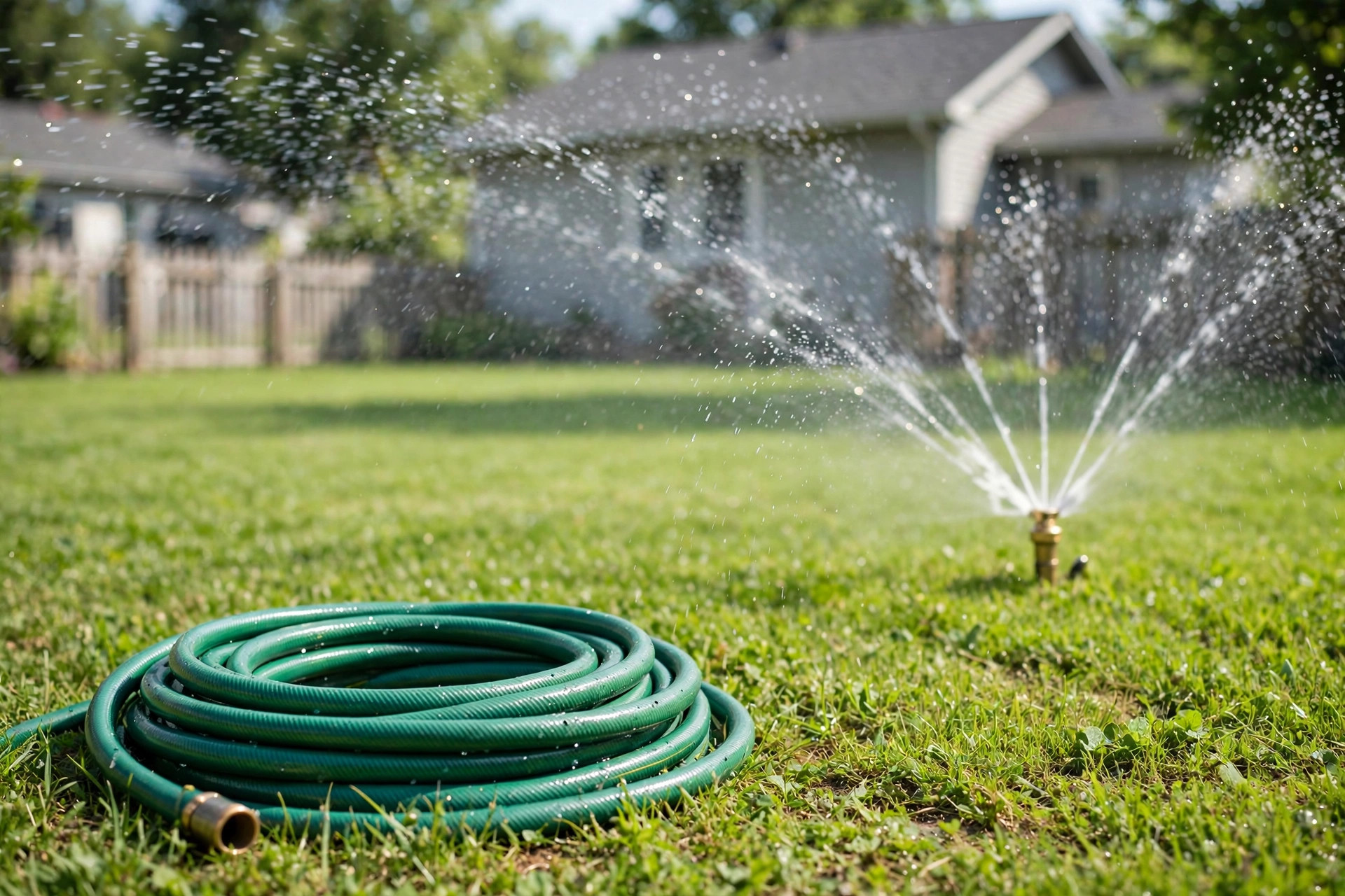 best garden hose for lawn watering: A coiled green garden hose on a lawn with a sprinkler watering grass