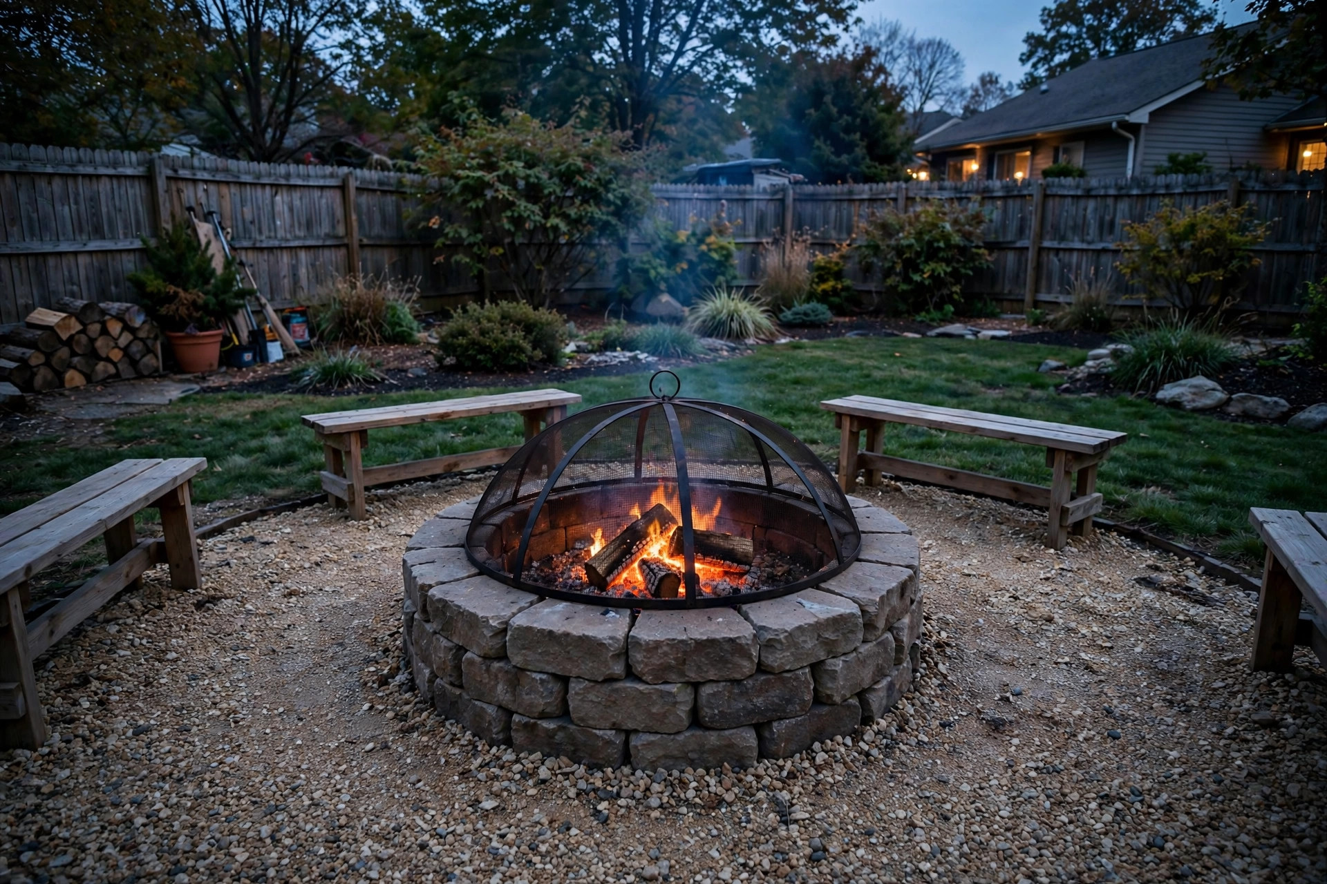 how to build a fire pit area: Stone fire pit area with seating in a backyard lawn