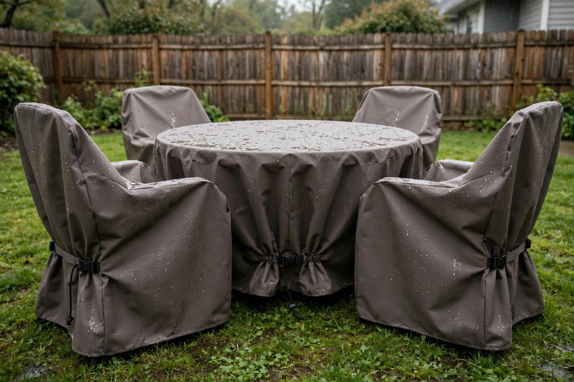 weatherproof patio furniture covers heavy duty: Heavy duty weatherproof patio furniture covers on an outdoor dining set