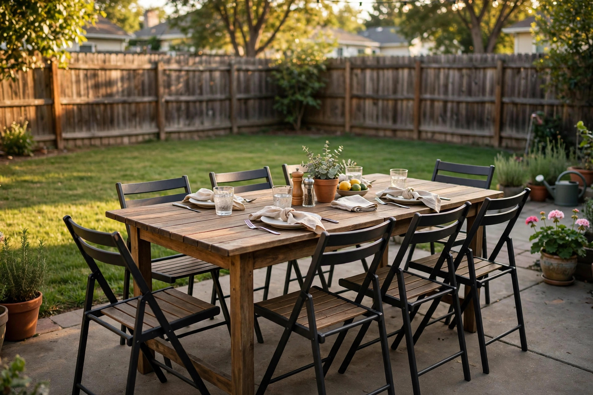 An affordable outdoor dining table for eight on a sunny backyard patio