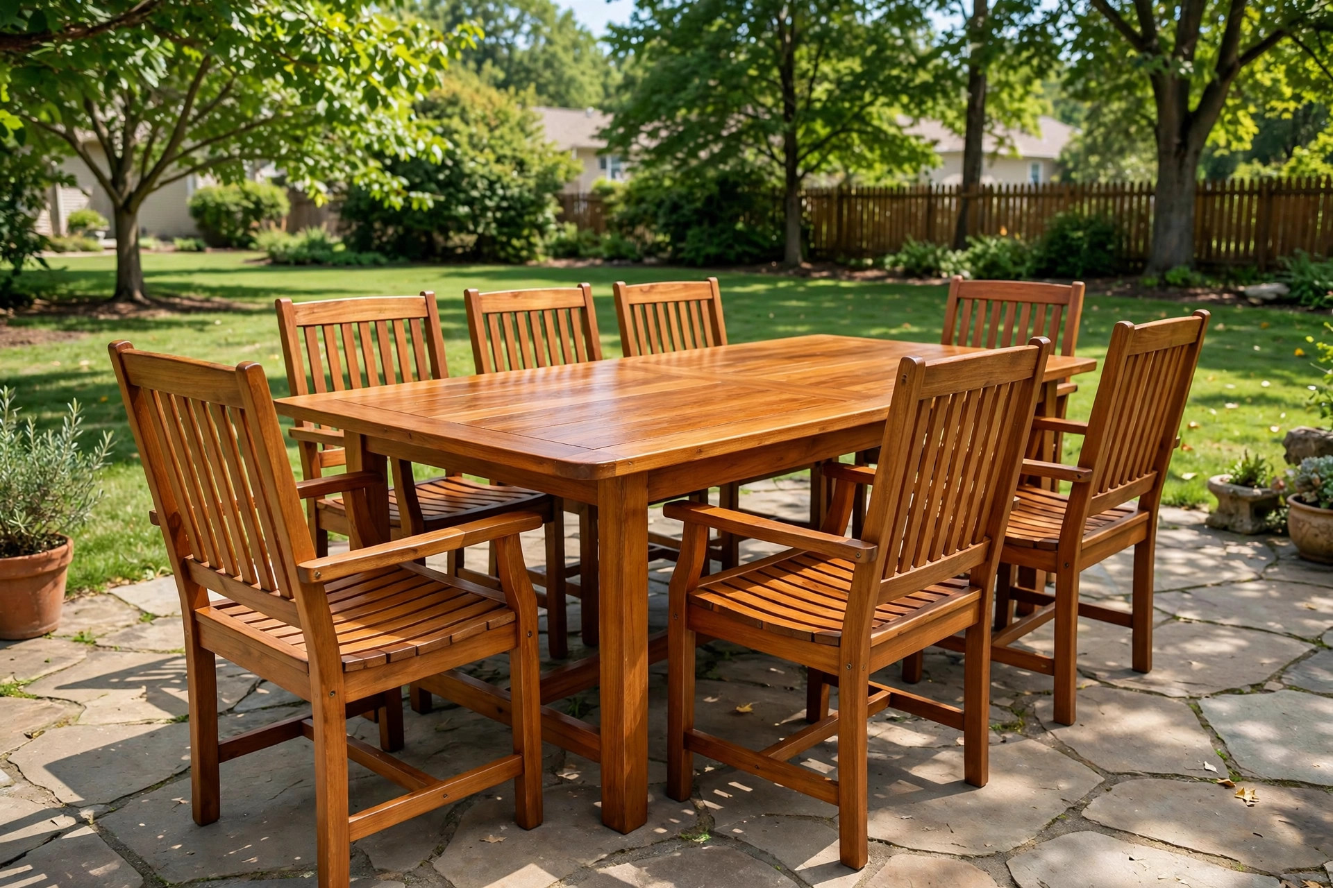 Teak patio set maintenance tips guide: clean teak table and chairs on a sunny patio