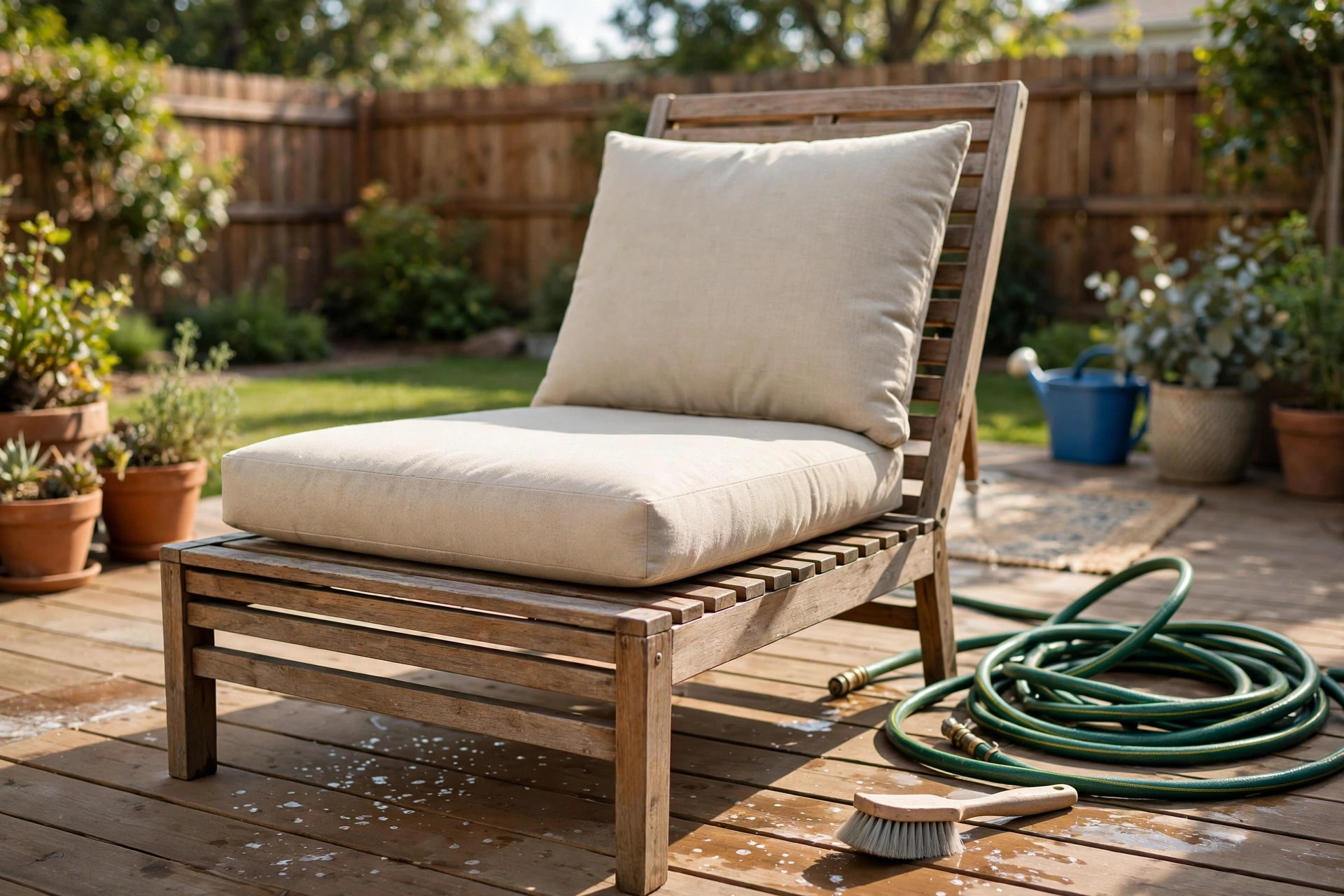 how to clean outdoor furniture cushions: A close view of clean outdoor furniture cushions on a patio chair