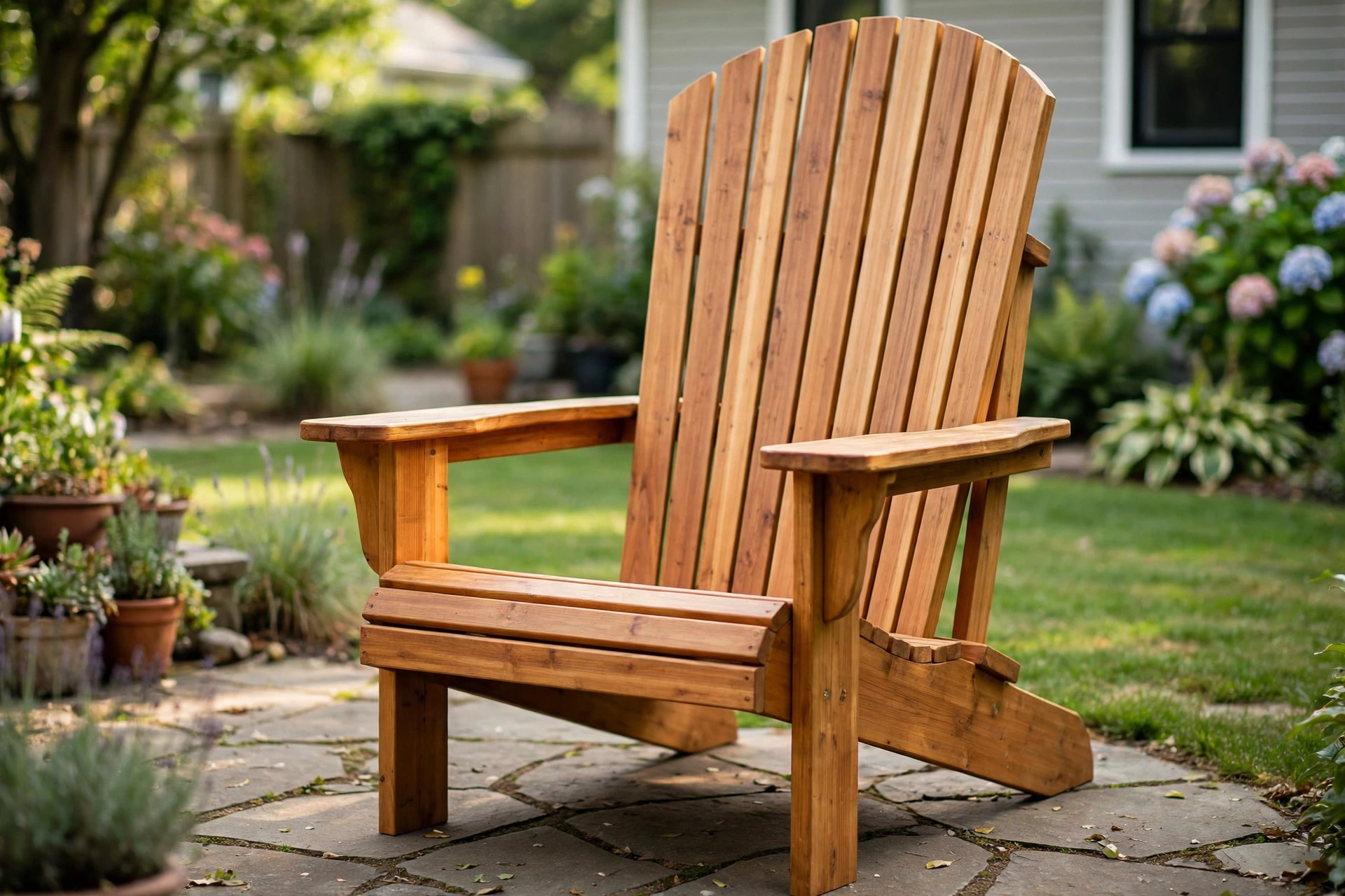 best adirondack chair for tall people: A wide wooden Adirondack chair built for tall people on a sunny patio