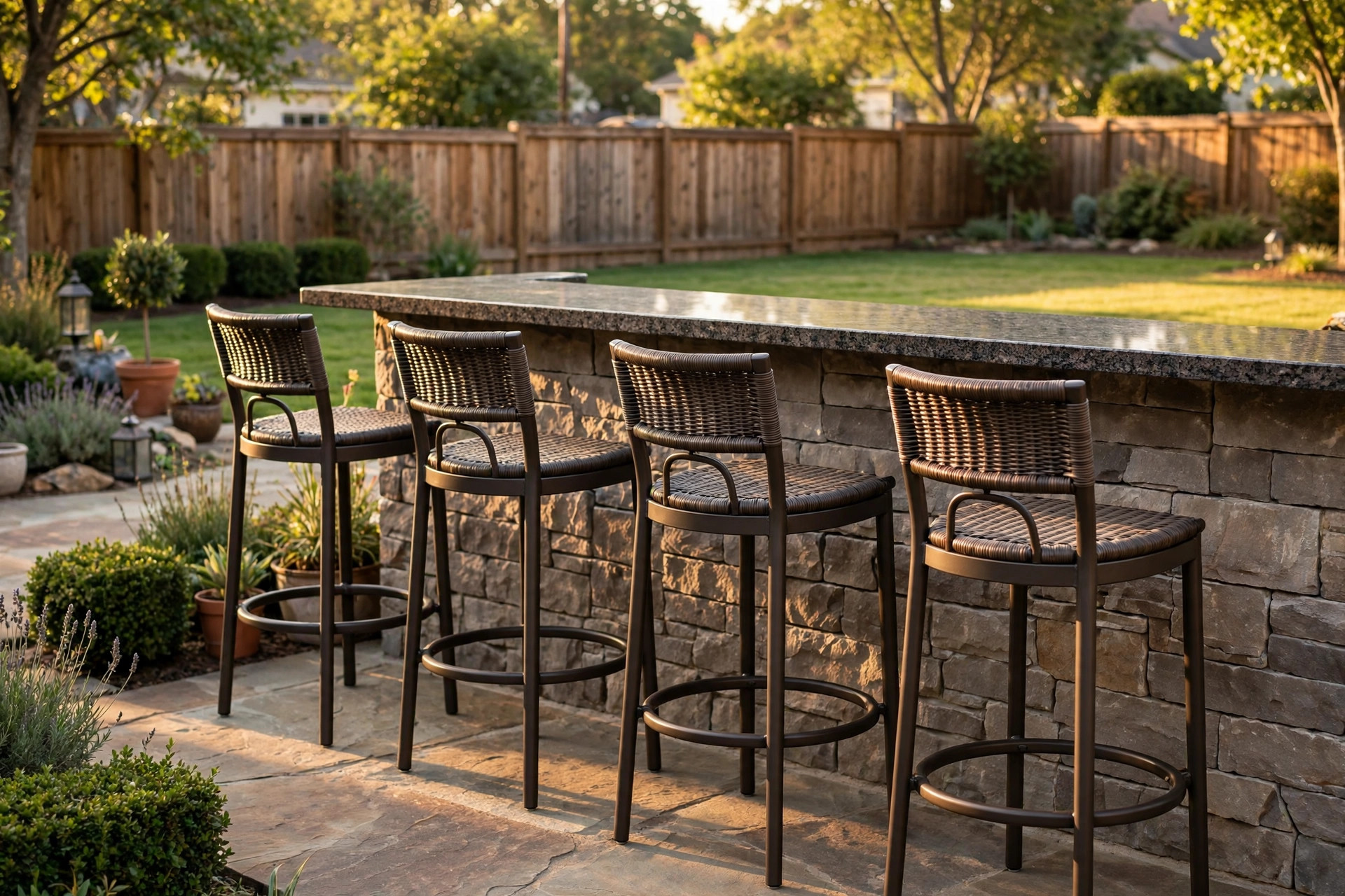 Outdoor bar stools for patio counter height lined up at a stone patio bar
