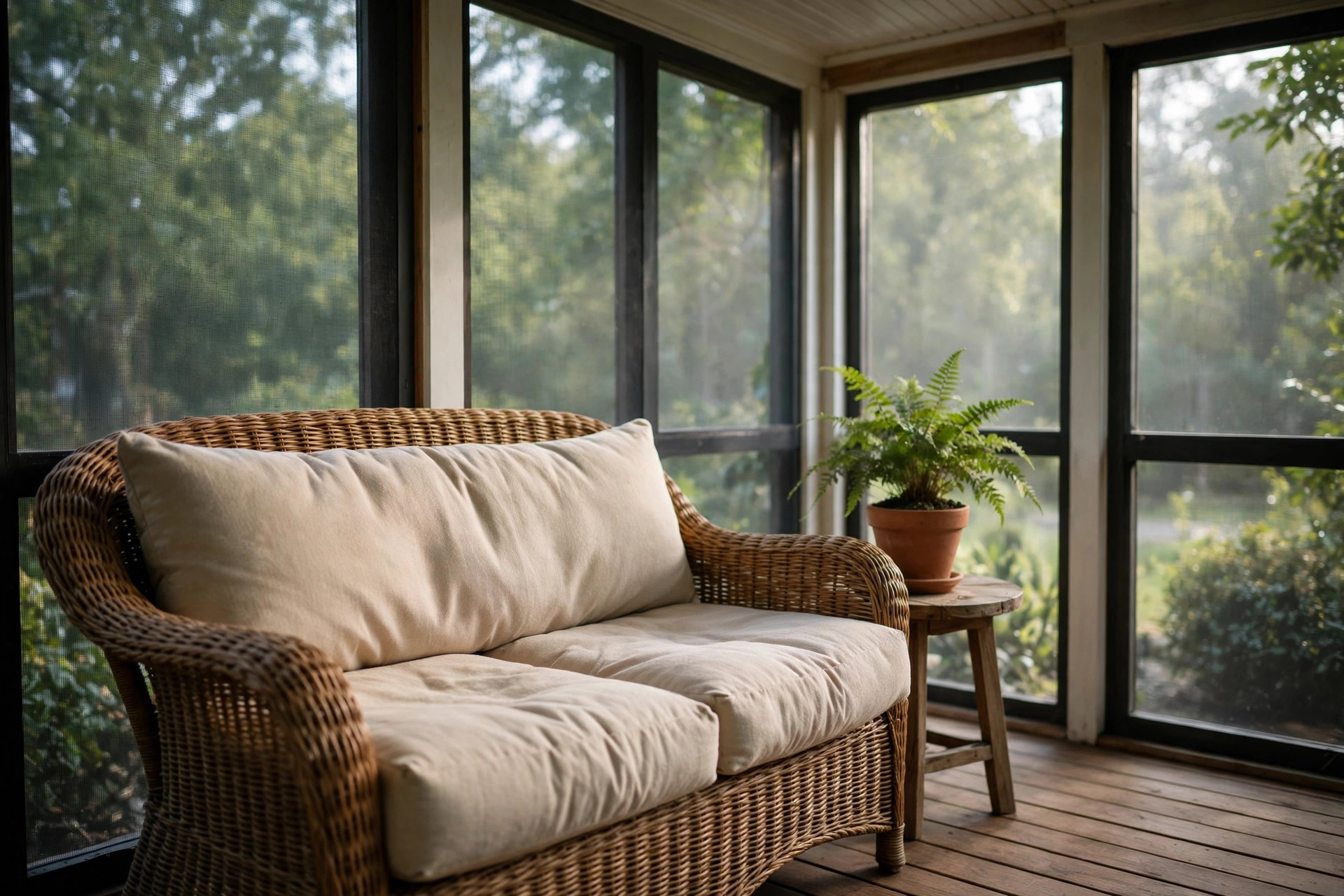 Wicker loveseat with cushions on a screened porch, the best wicker loveseat for screened porch