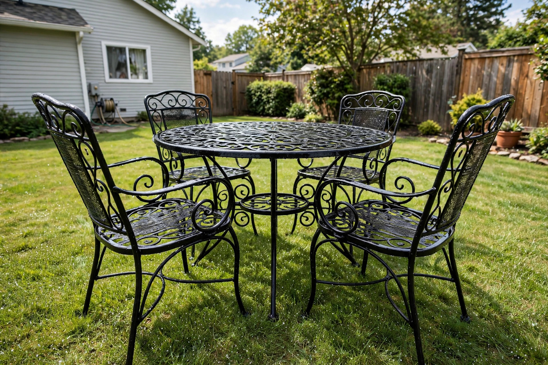 metal patio furniture rust prevention tips: Metal patio set with rust prevention care on a lawn