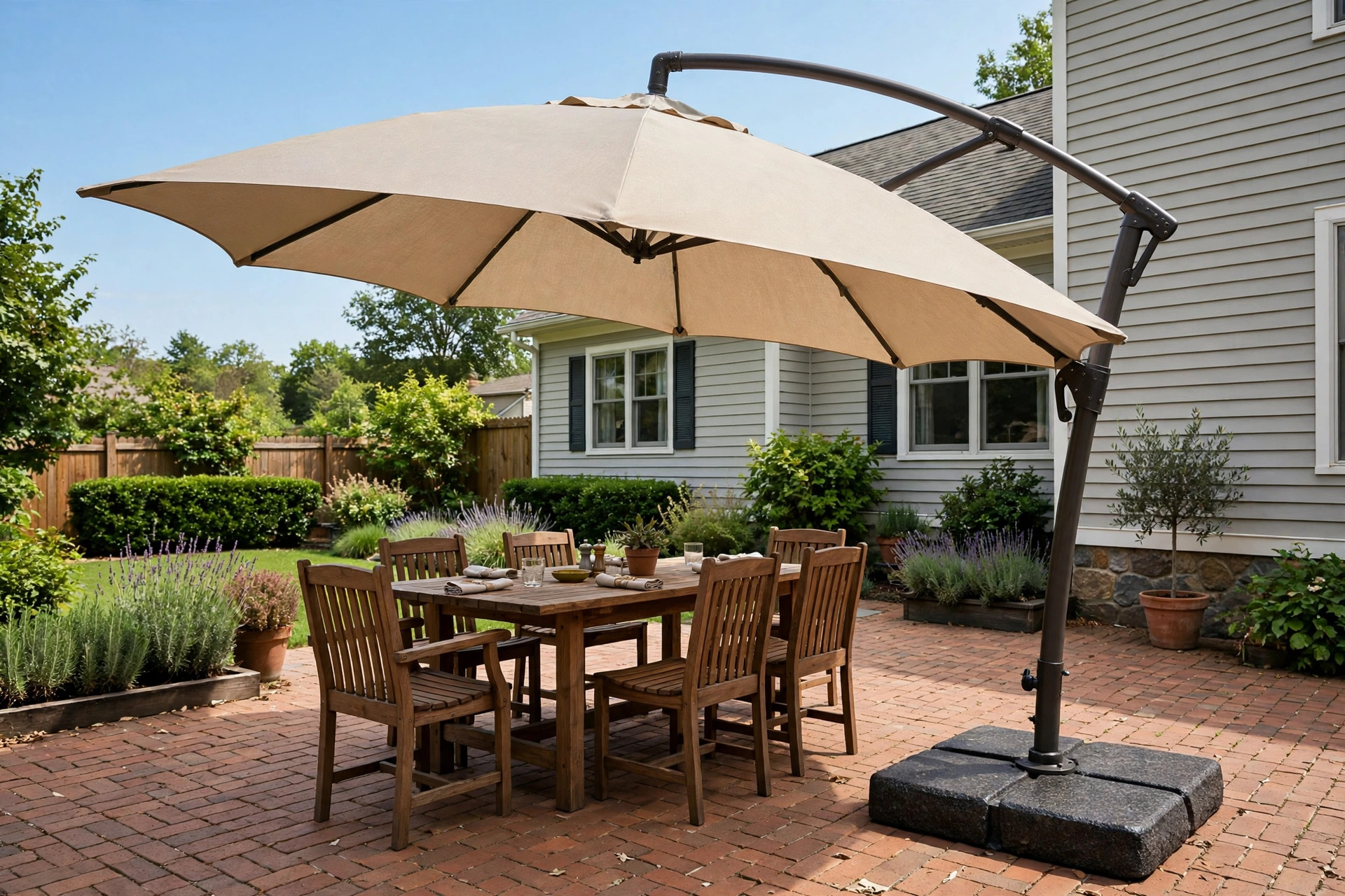 cantilever umbrella base weight guide: Cantilever offset patio umbrella with a heavy base on a brick backyard patio