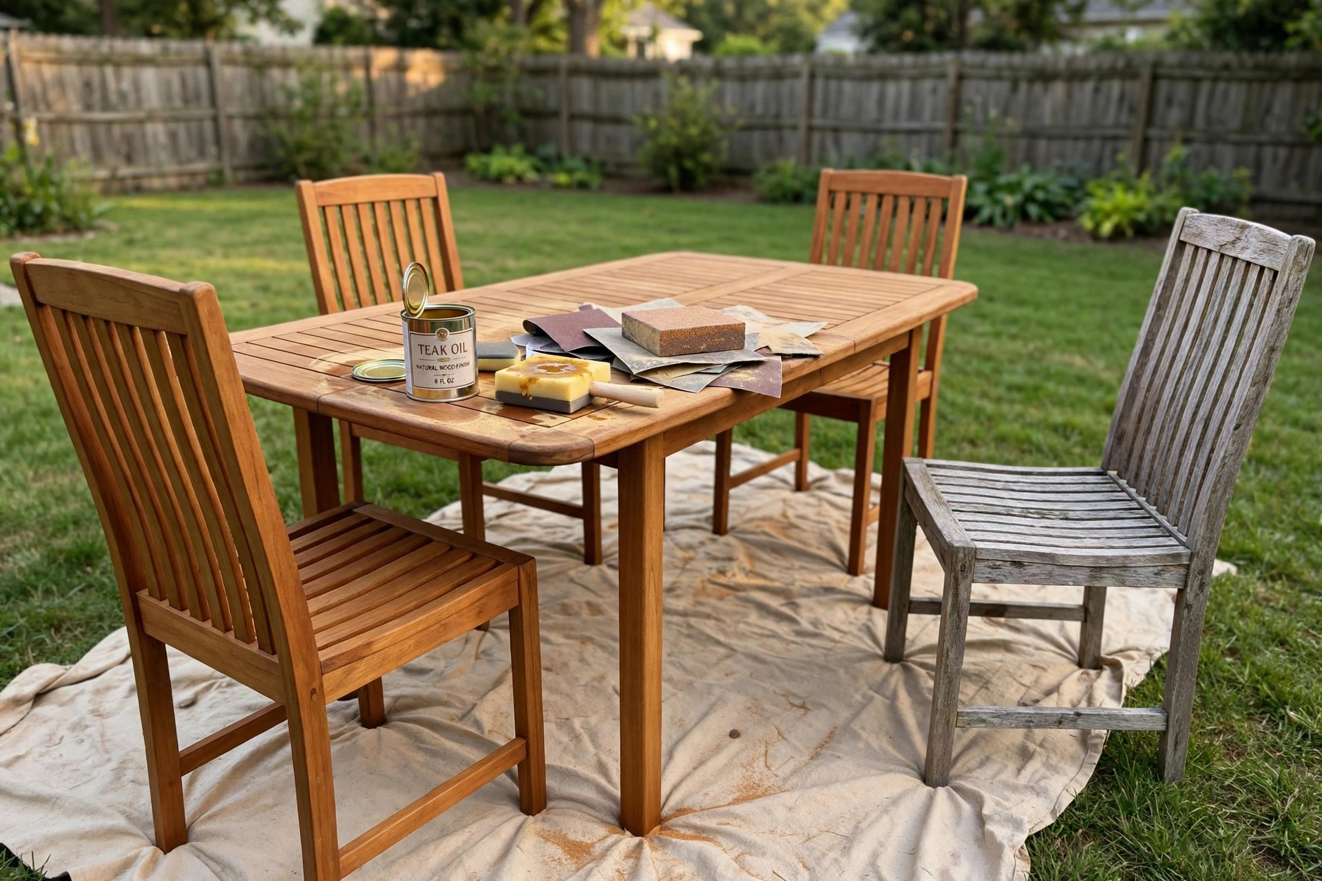 how to refinish teak outdoor furniture: A teak patio set being refinished, sanded and oiled back to a warm honey color