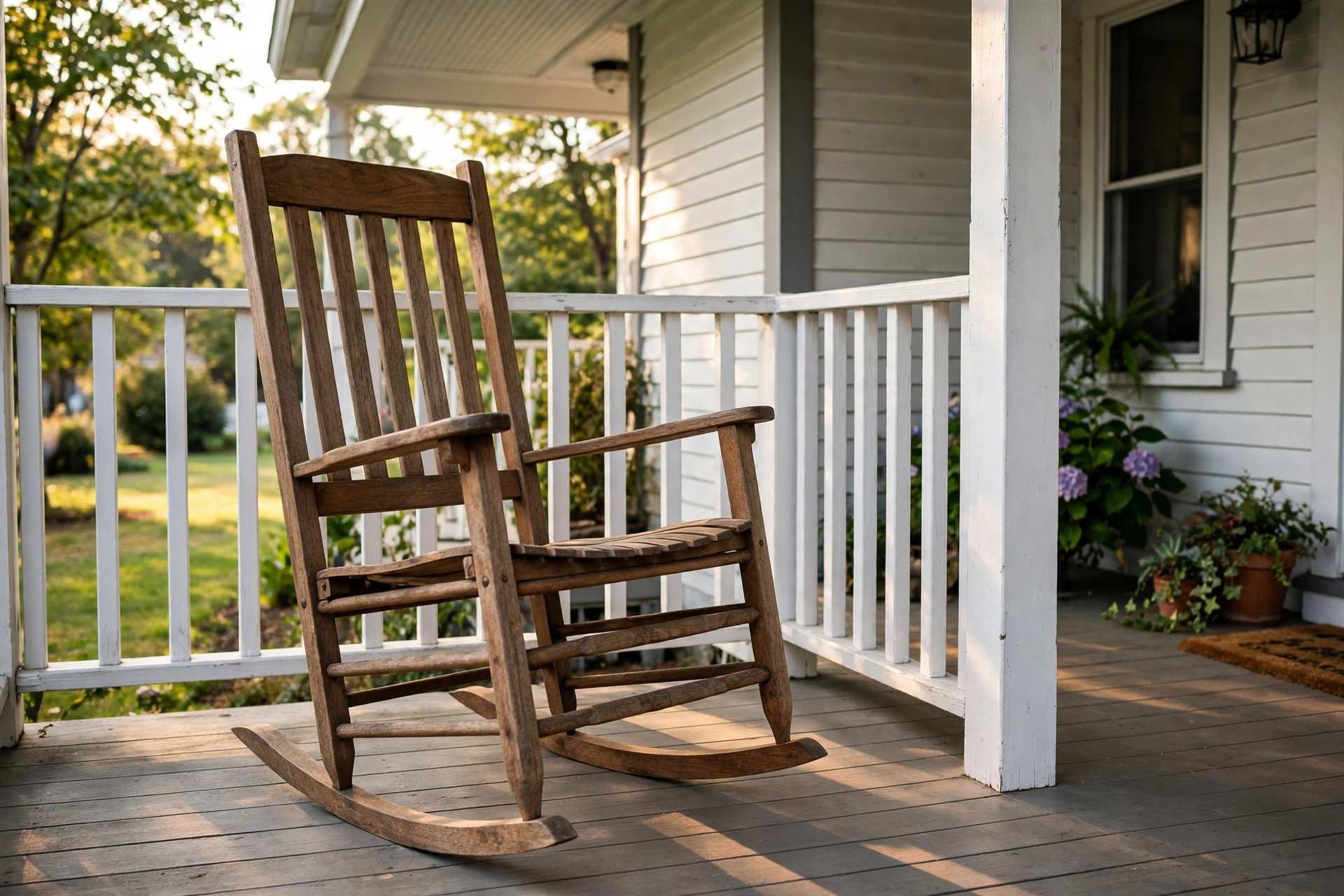 best outdoor rocking chair for porch: A sturdy wooden rocking chair on a covered American porch