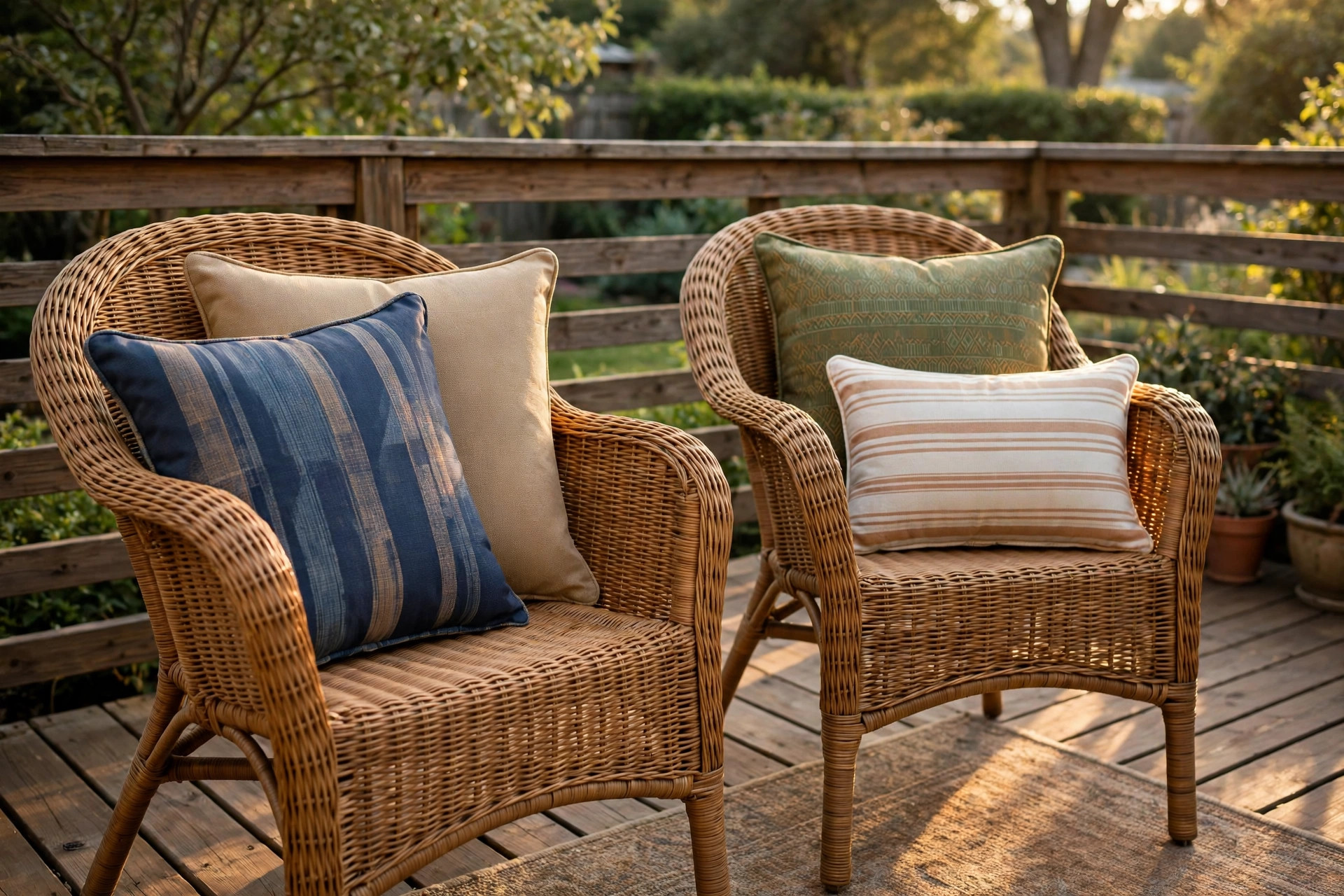 Waterproof outdoor throw pillows for patio on a wicker chair