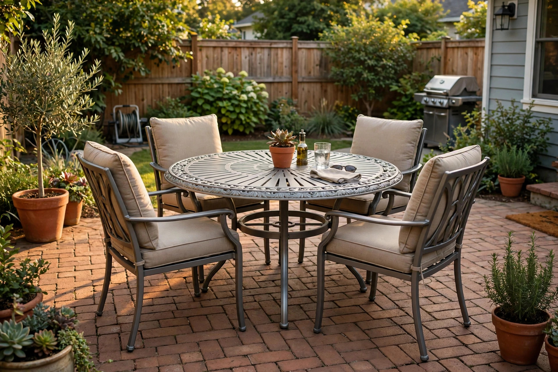 best round patio dining set for four: Round patio dining set for four on a backyard patio