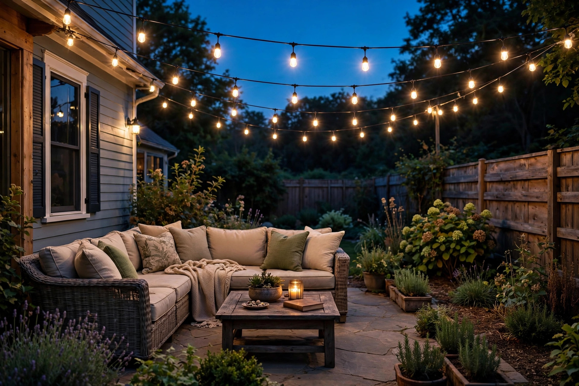 best solar patio lights for ambiance: Solar string lights glowing warmly over a patio at dusk