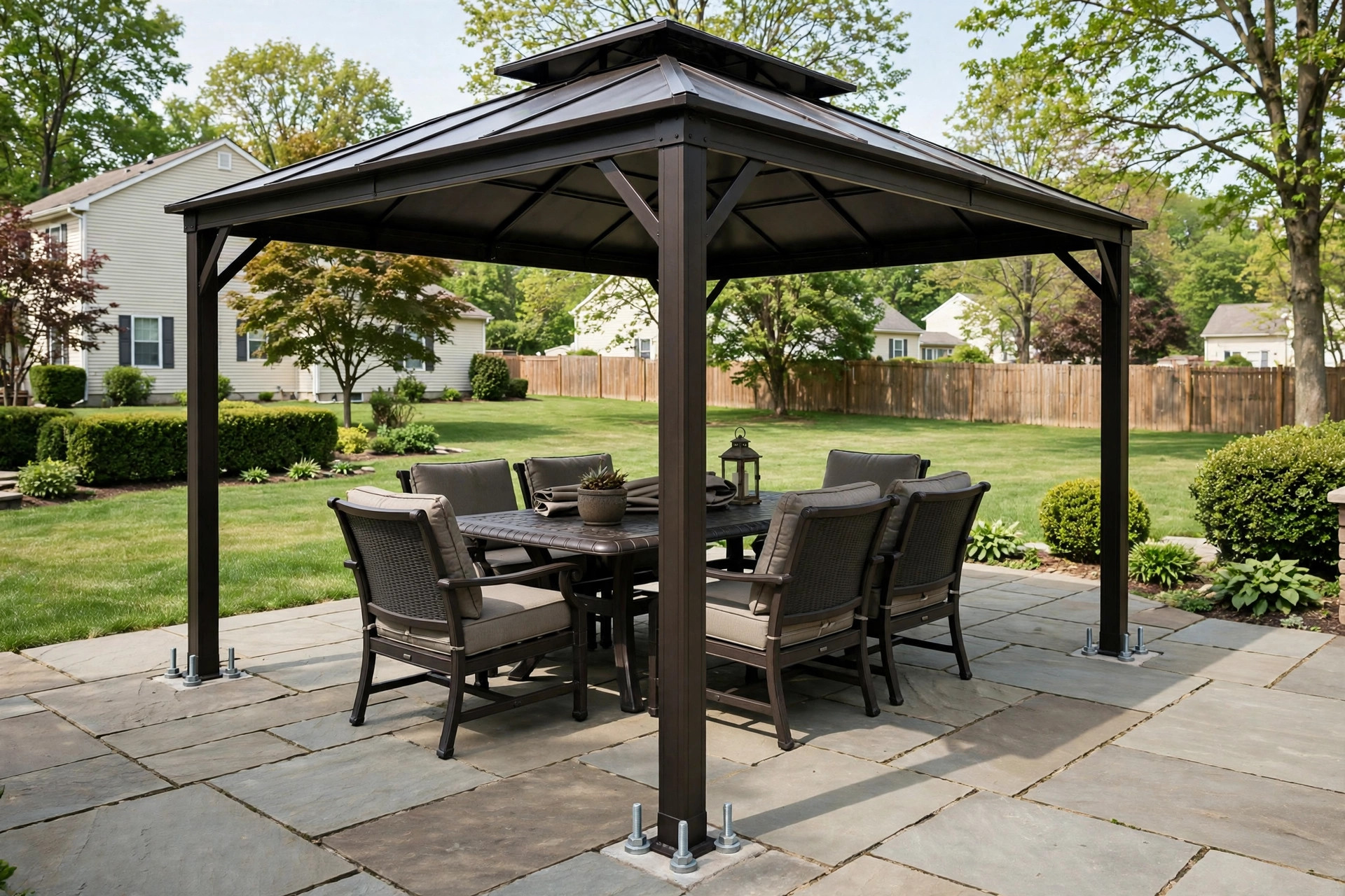 Metal gazebo bolted to a stone patio for how to anchor gazebo to patio
