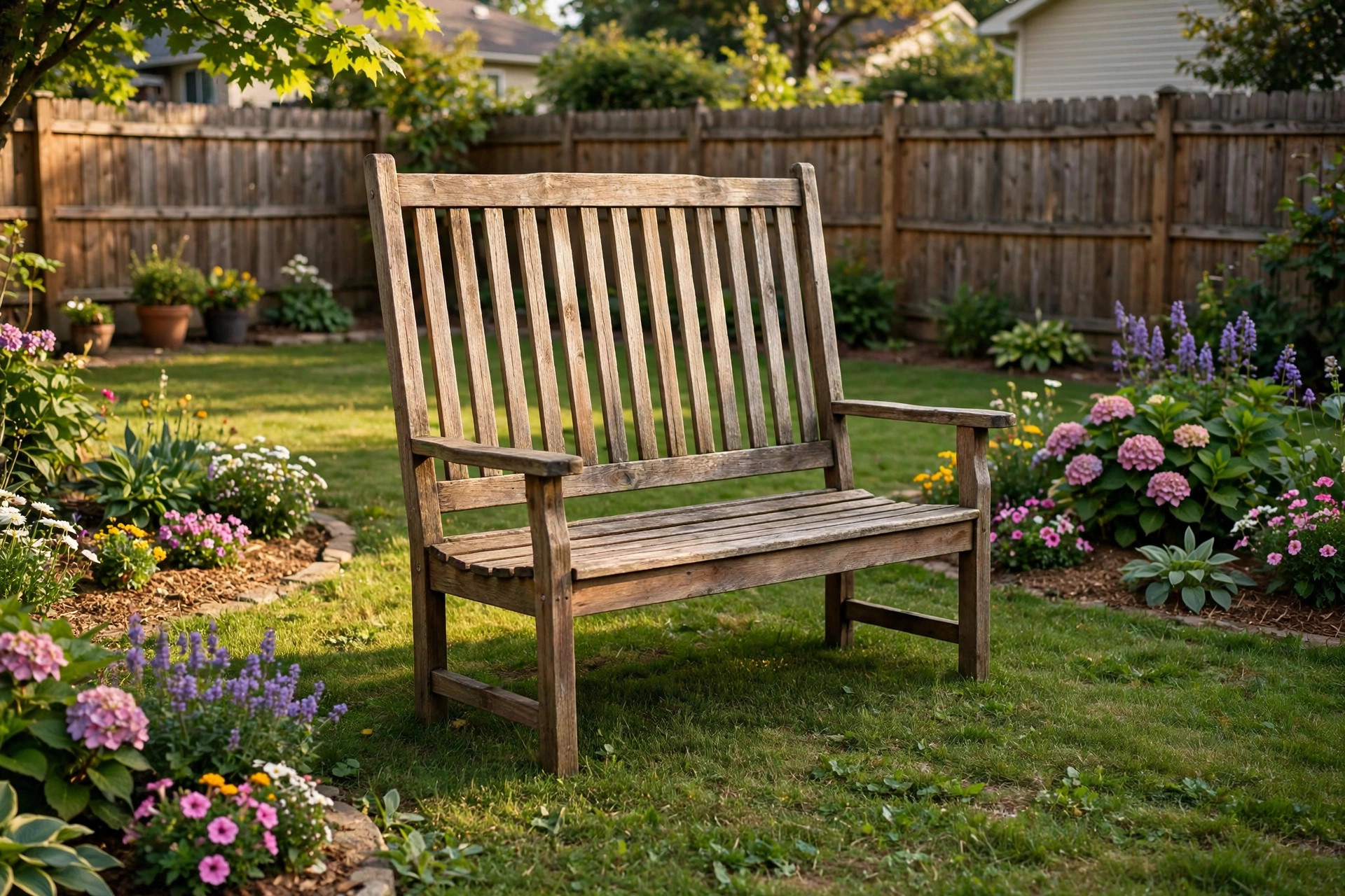 best outdoor bench with backrest reviews: A wooden garden bench with a high backrest in a sunny American backyard