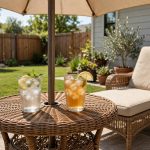 Outdoor side table with umbrella hole on a sunny patio