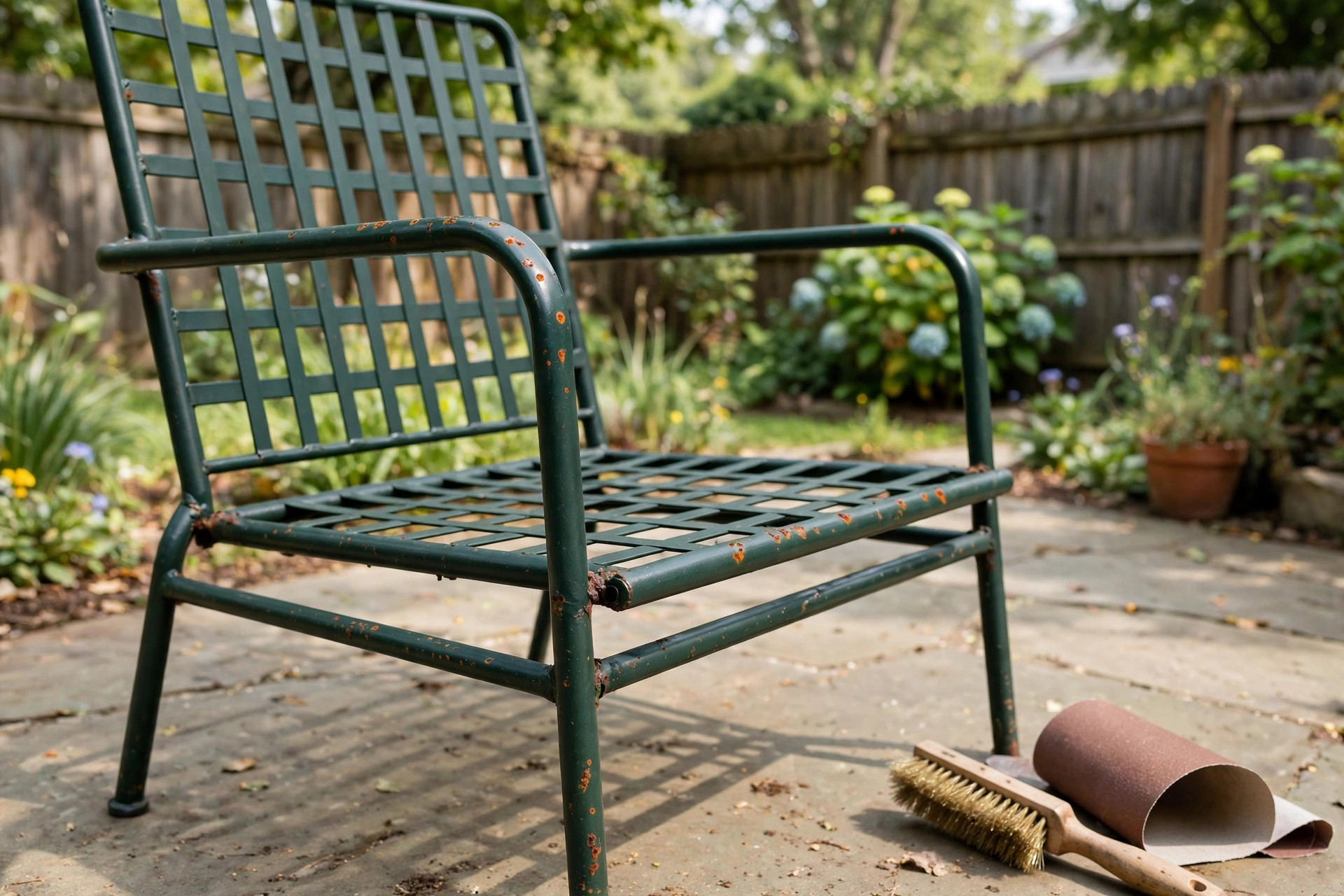 how to remove rust from patio furniture: Metal patio chair with rust spots being cleaned