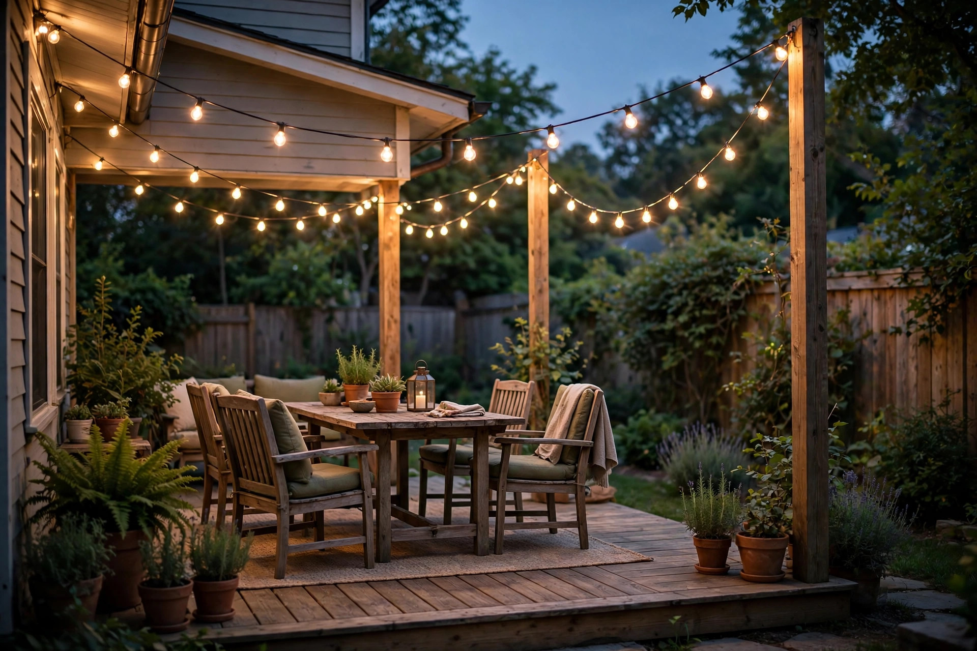 how to hang string lights on patio: Glowing string lights hung across a patio at dusk