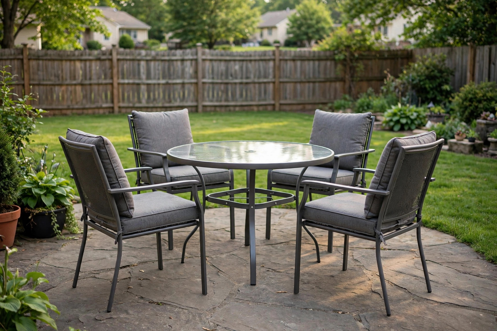 Outdoor furniture sets under 1000 dollars arranged on a suburban backyard patio