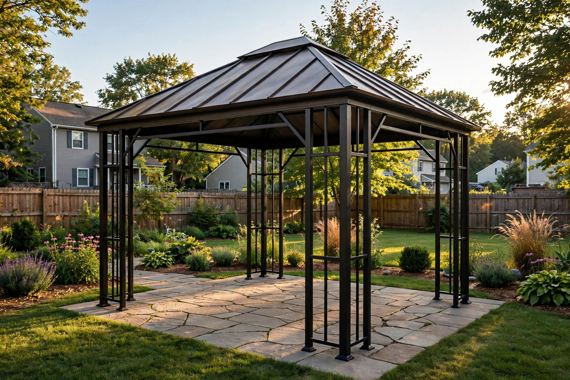 best metal gazebo for backyard reviews: A steel-frame metal gazebo on a stone patio in a suburban backyard