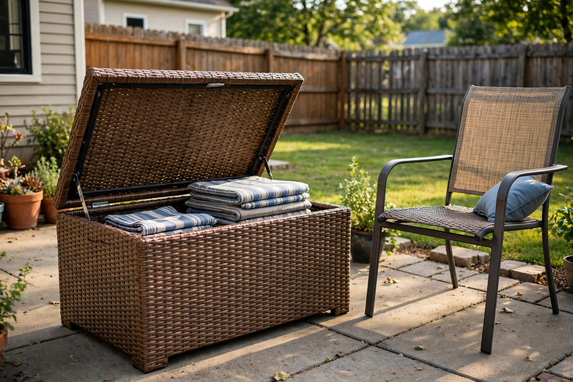 best outdoor ottoman with storage: An outdoor ottoman with storage on a sunny patio