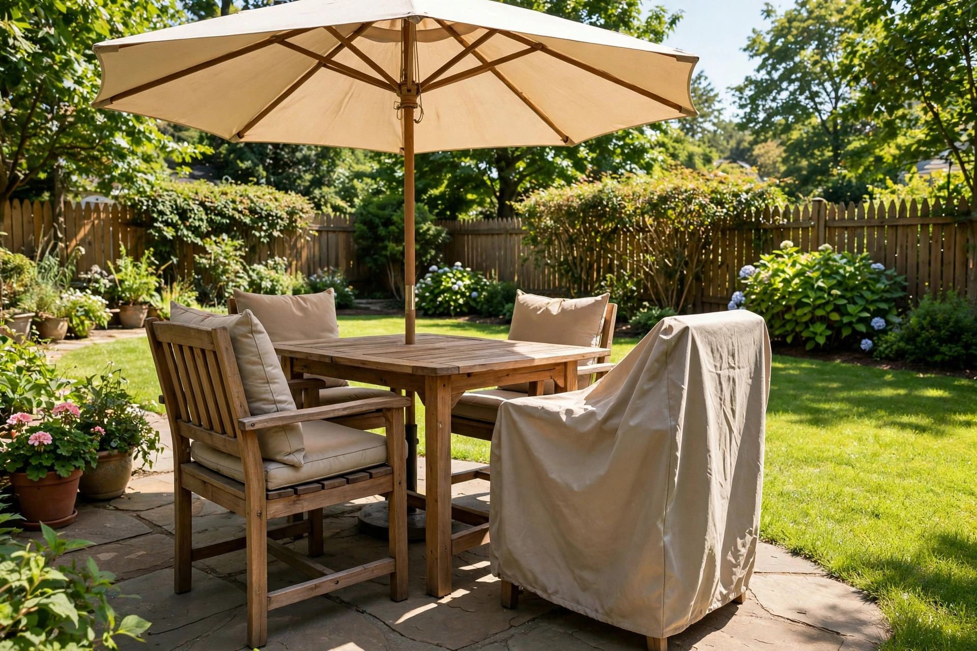 how to protect patio furniture from sun: Patio furniture resting in the shade of a large umbrella