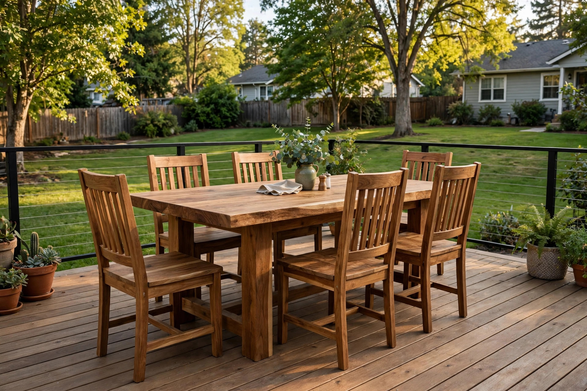 Best eucalyptus outdoor furniture reviews: solid eucalyptus dining set on a backyard deck