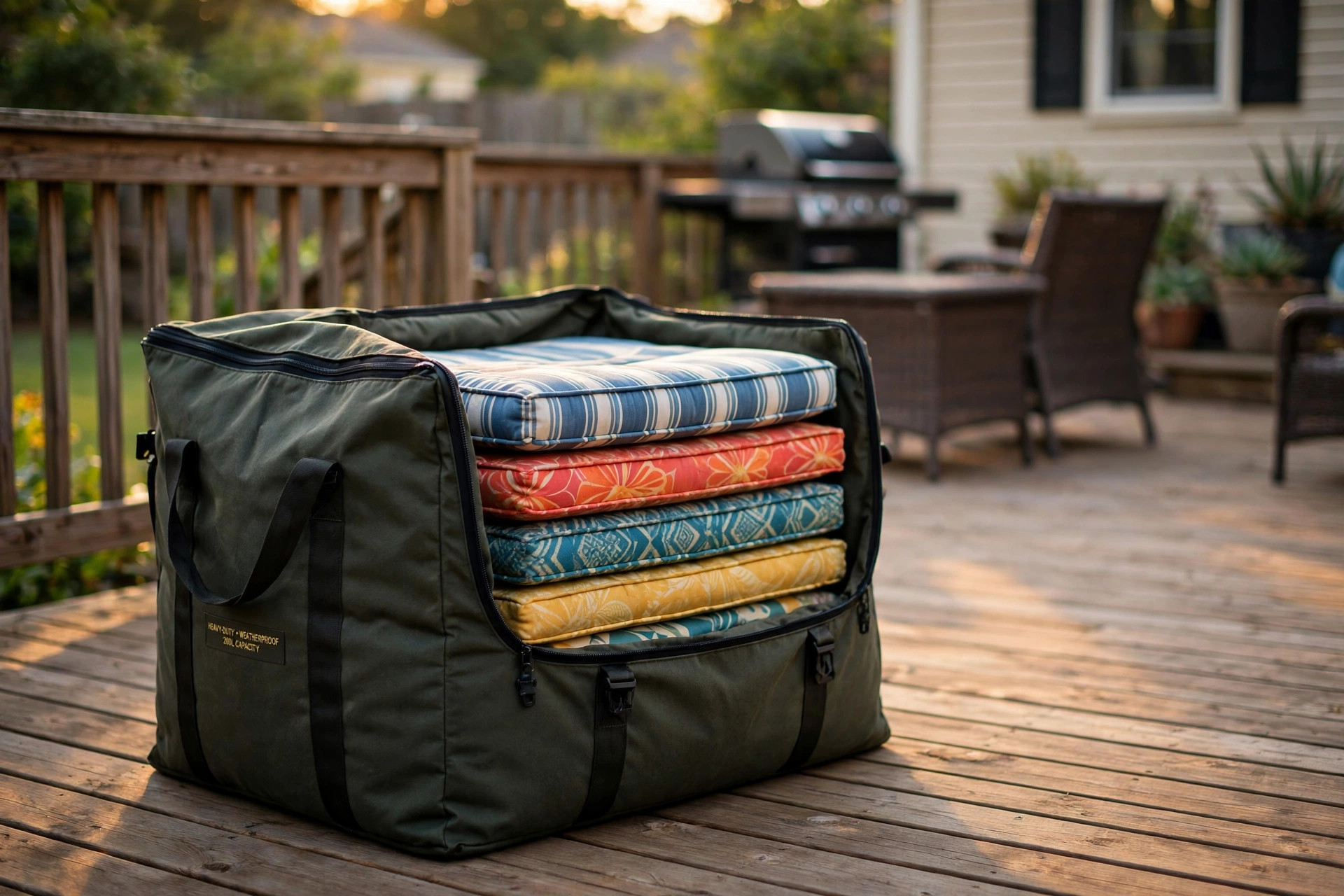 A large patio furniture cushion storage bag holding outdoor cushions on a home patio