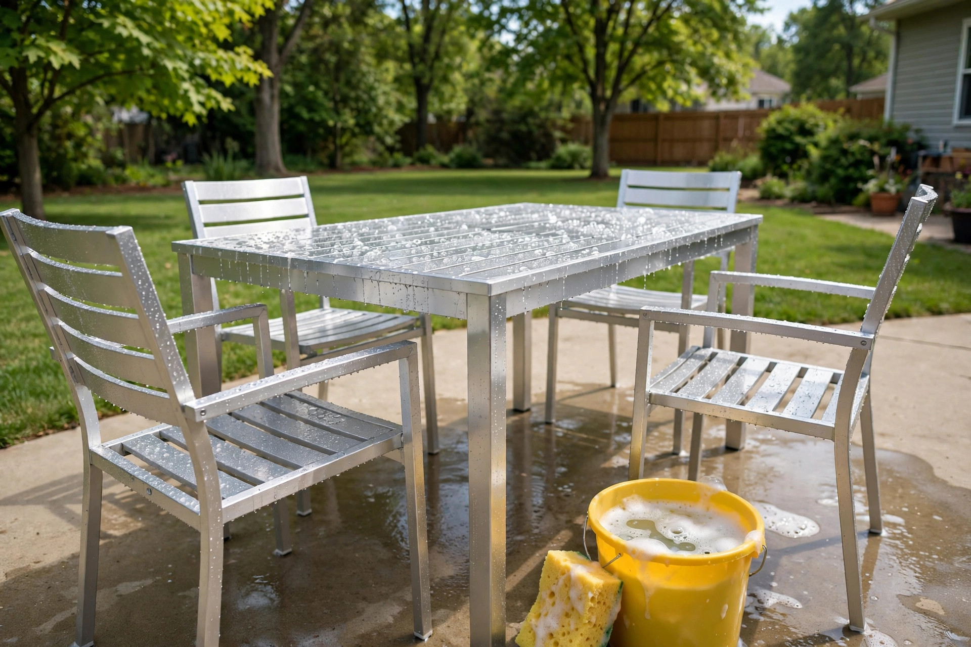 Woman's hands washing an aluminum patio chair with a sponge, showing how to clean aluminum patio furniture