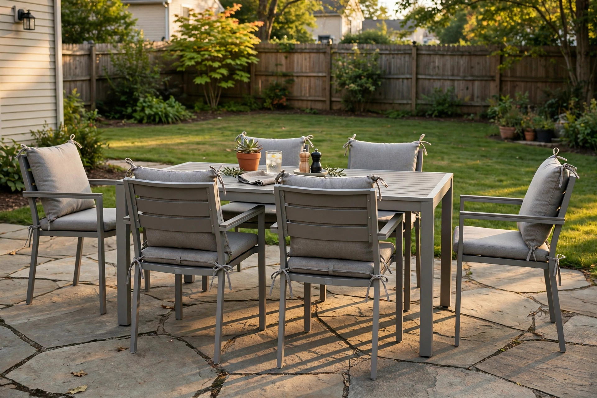 outdoor dining chairs stackable set of six: Stackable outdoor dining chairs for six arranged on a patio
