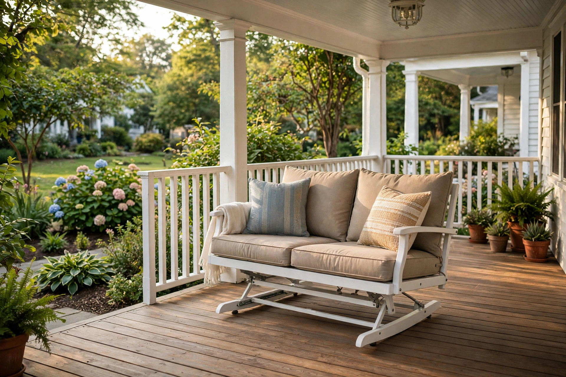 outdoor loveseat glider for porch reviews: White outdoor loveseat glider with cushions on a covered front porch
