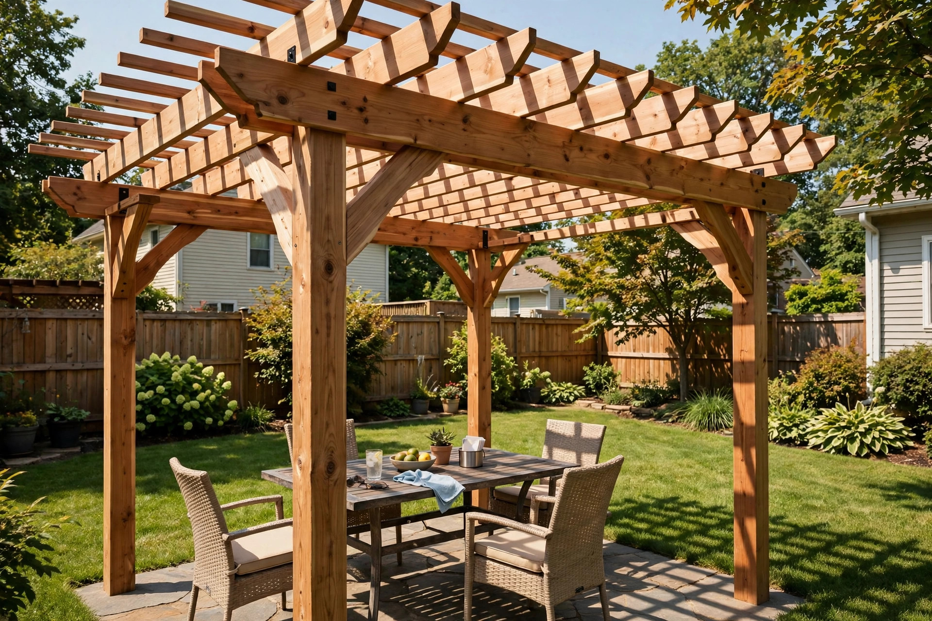 A wooden pergola kit built by hand in an American backyard, showing how to build a pergola kit yourself